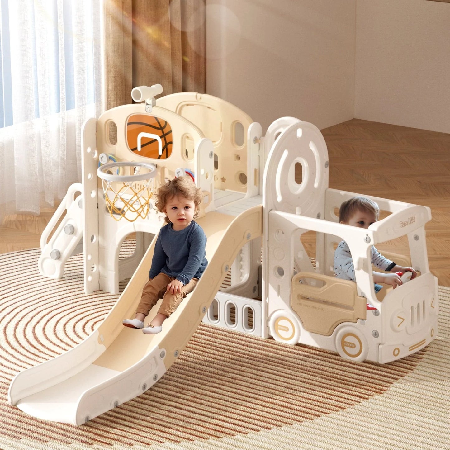 XJD 10 in 1 Toddler Slide, Kids Slide for Toddlers Age 1-3, Toddler Play Climber Slide Playset with Basketball Hoop and Ball, Toddlers Outdoor Indoor Playground(Beige+Coffee)