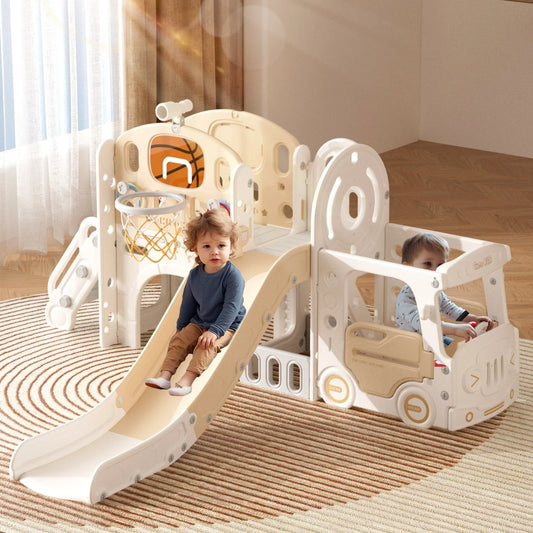 XJD 10 in 1 Toddler Slide, Kids Slide for Toddlers Age 1-3, Toddler Play Climber Slide Playset with Basketball Hoop and Ball, Toddlers Outdoor Indoor Playground(Beige+Coffee)
