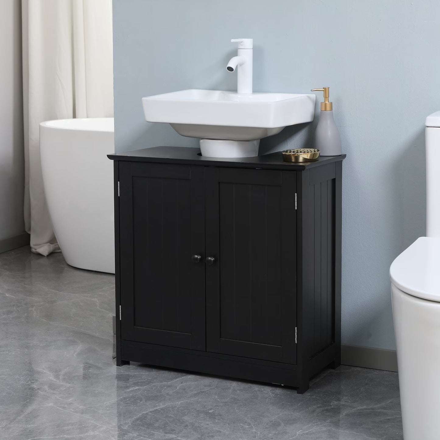 HOMCOM Under Sink Bathroom Cabinet with 2 Doors and Shelf, Pedestal Sink Bathroom Vanity Cabinet, Black(Black)