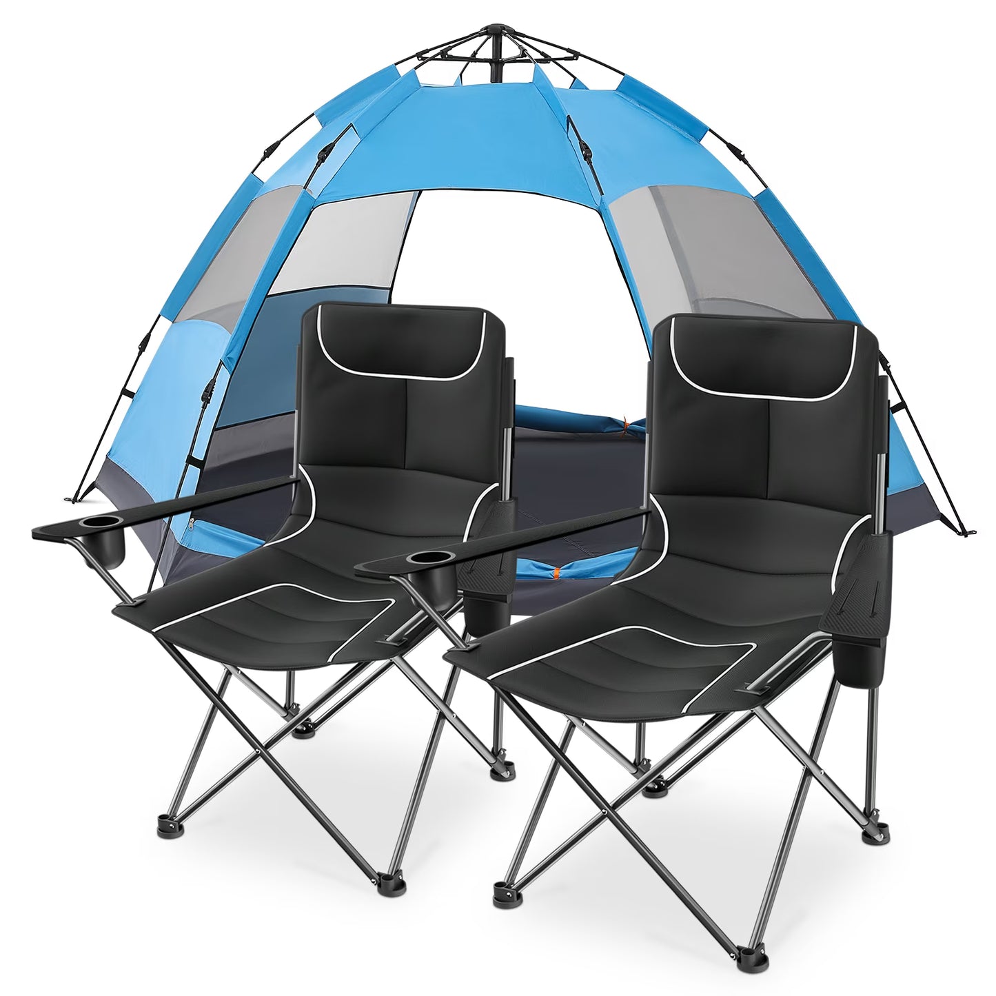 MADOG Set of 3 Camping Tent + Chairs, 4 Person Dome Tent and 2 Foldable Camping Chairs Combo with Cooler Bag and Cup Holder for Backpacking Hiking Traveling, Blue(Blue)