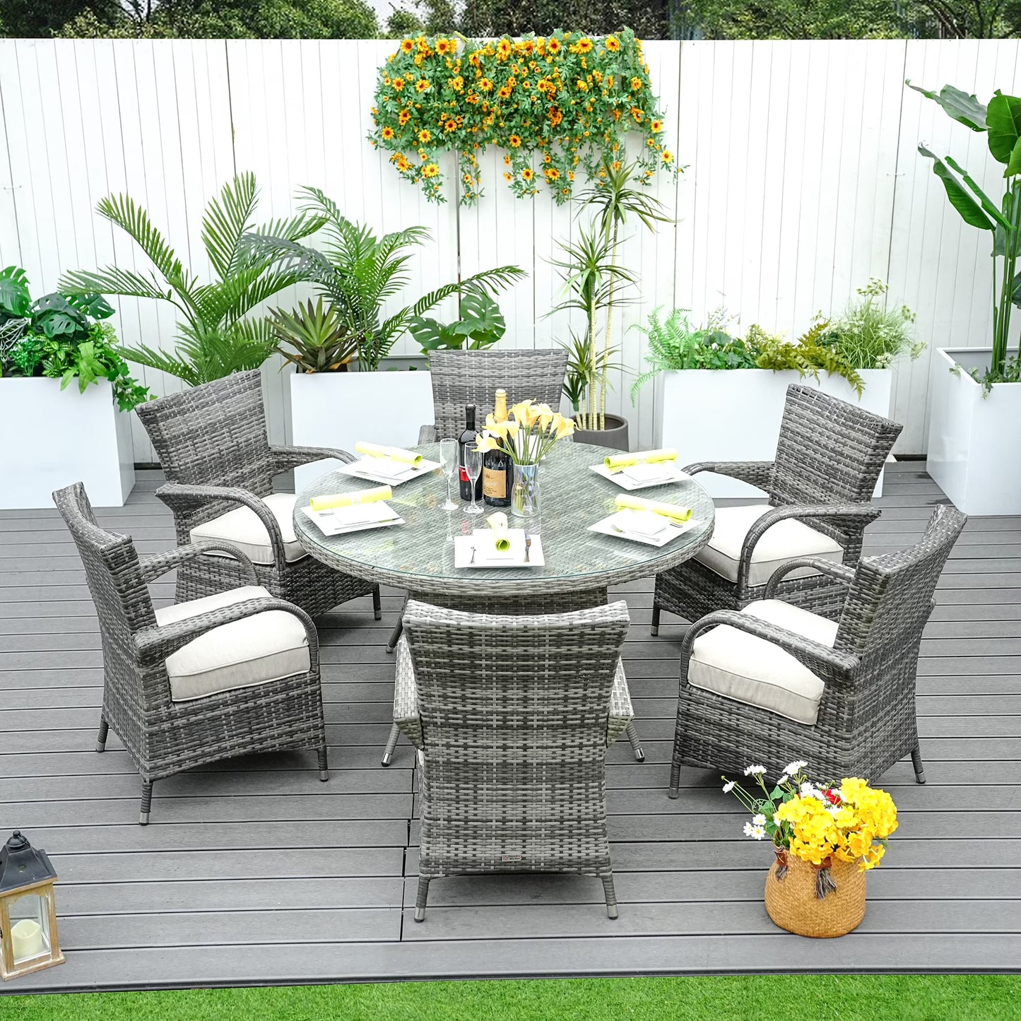Direct Wicker 7 Piece Patio Dining Set with Rattan Chairs and Cushions, Grey(Gray)