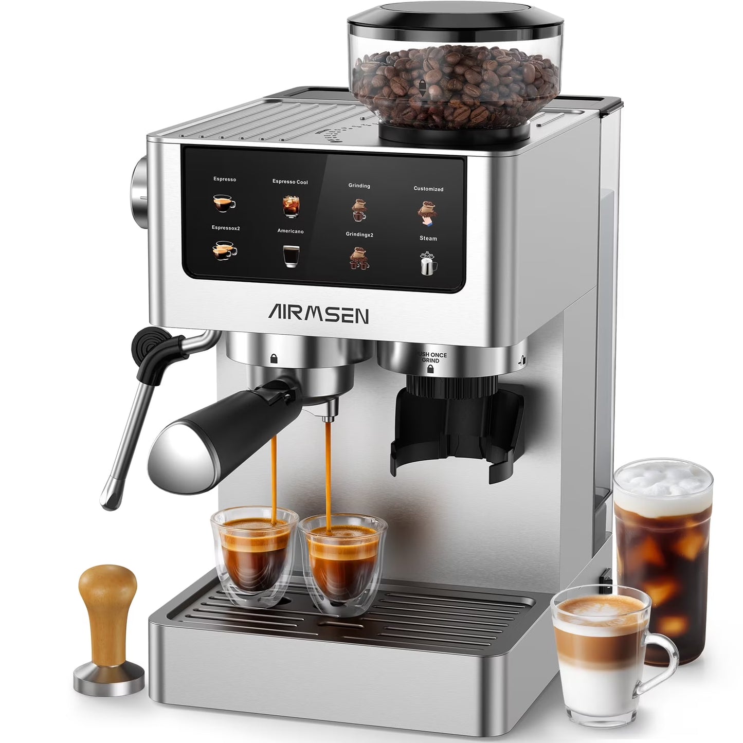 AIRMSEN Espresso Machine with Grinder, Espresso Coffee Machine with Customized Grind Amount  Coffee Volume, Cold Brew Coffee Maker for Cappuccino Latte Americano, Brushed Stainless Steel