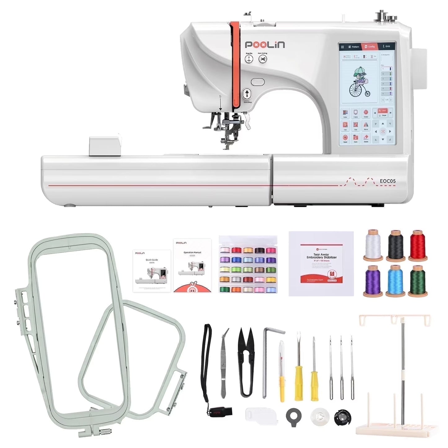 Poolin EOC05 Embroidery Machine 4x9.25" Area, 7" Touch Screen with kit(EOC05)