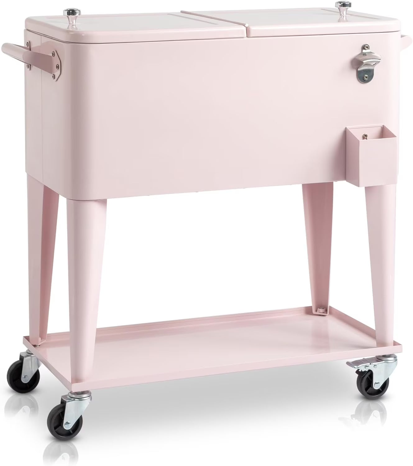 80 Quart Rolling Ice Chest, Portable Bar Drink Cooler with Catch Basin, Bottom Storage Tray and Bottle Opener for Patio Party BBQ Beach Activities(Pink)