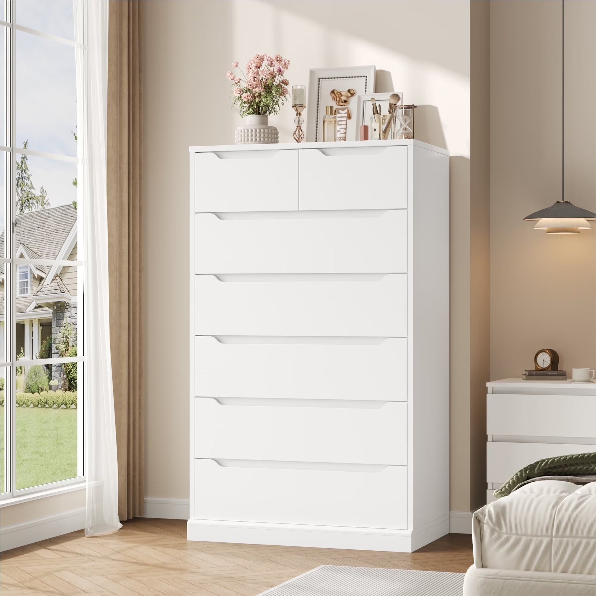 Homfa 7 Drawer White Dresser, 51.3"H Wood Storage Cabinet with Upgraded Stable Base, Vertical Chest for Bedroom Living Room(White)