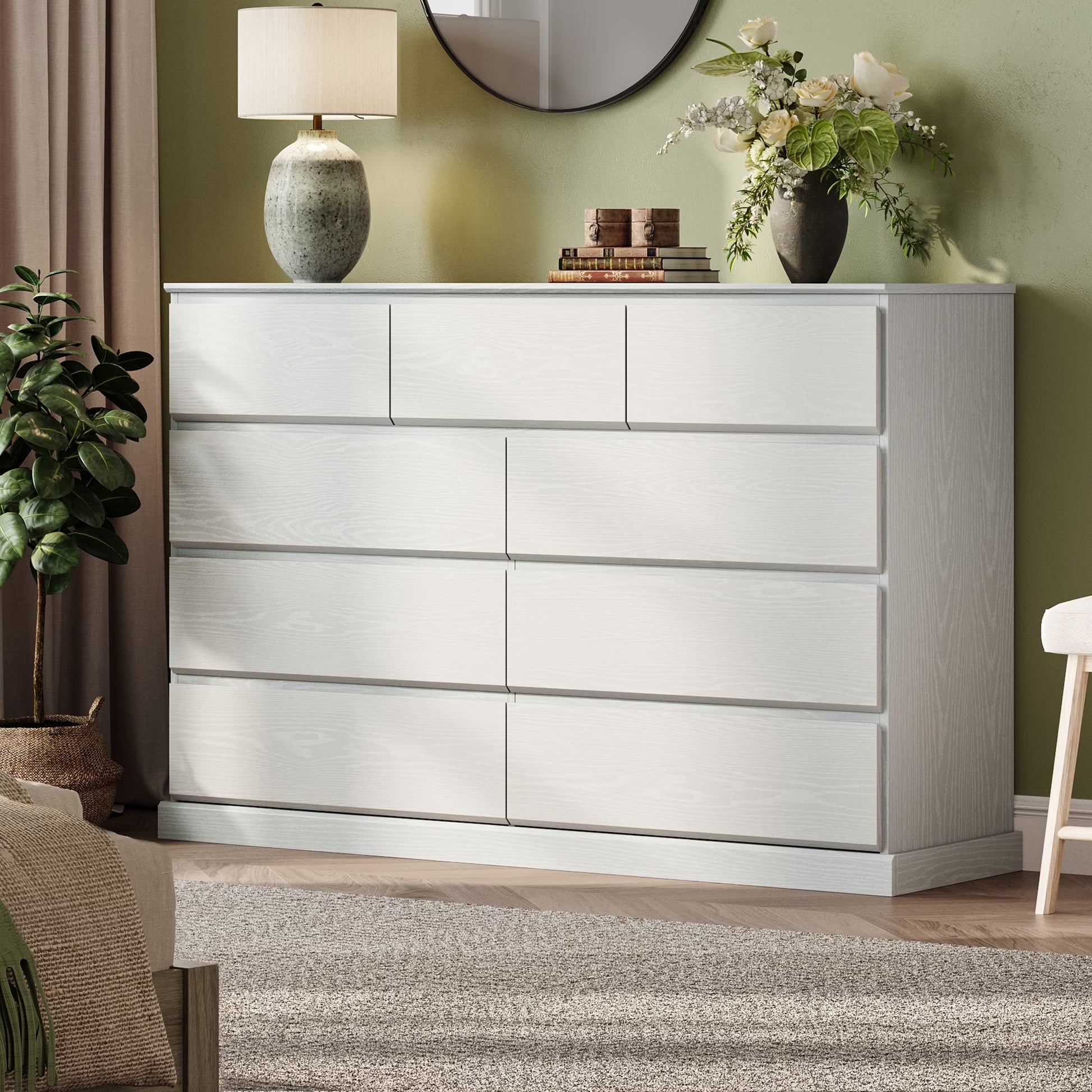 Linsy Home Modern Wood Dressers for Bedroom, Wide Chest of 9 Drawers, White(9 Drawers/White)