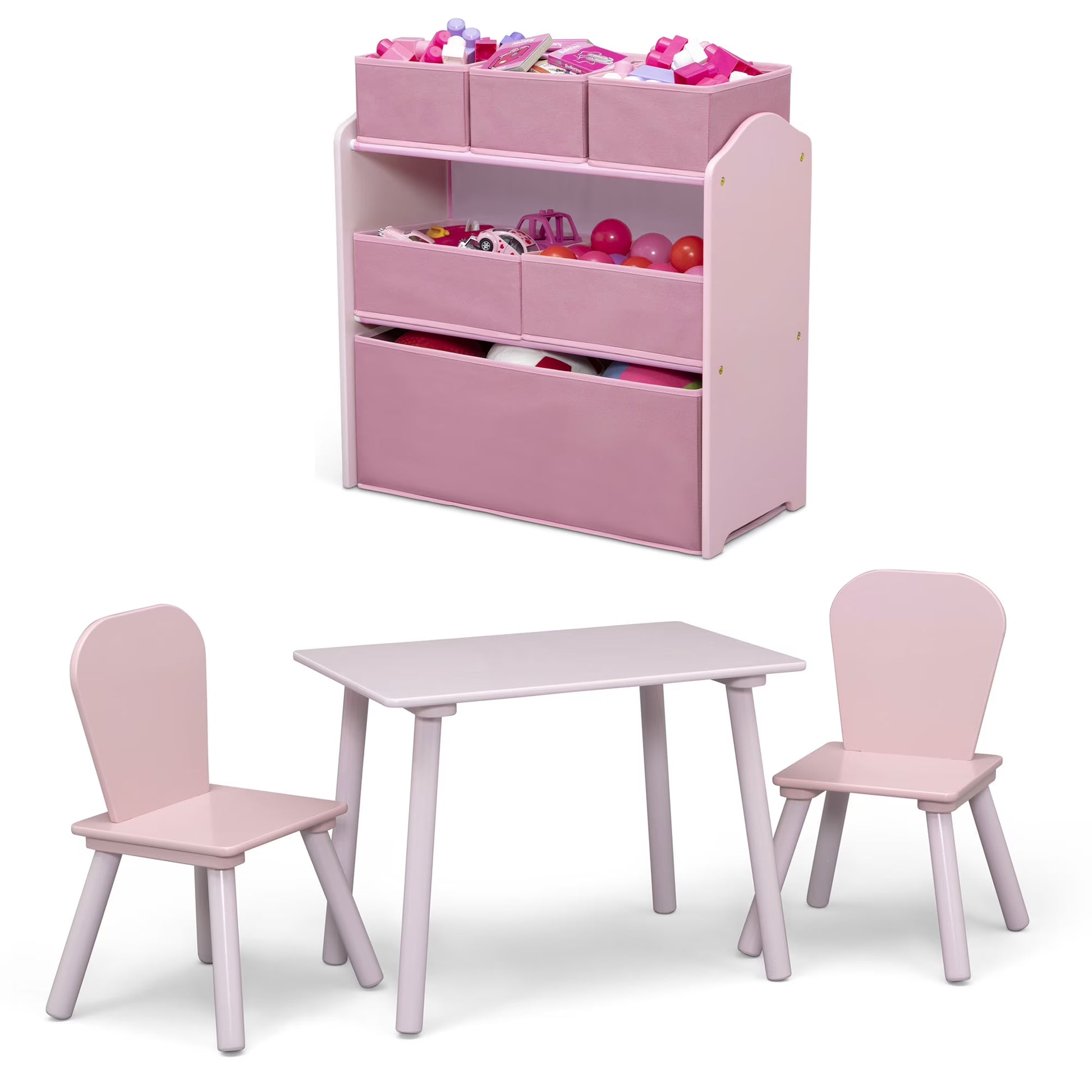 Delta Children 4-Piece Toddler Playroom Set �C Includes Play Table, 2 Chairs and 6 Bin Toy Organizer with Reusable Vinyl Cling Stickers, Light Pink/Dark Pink(Pink)