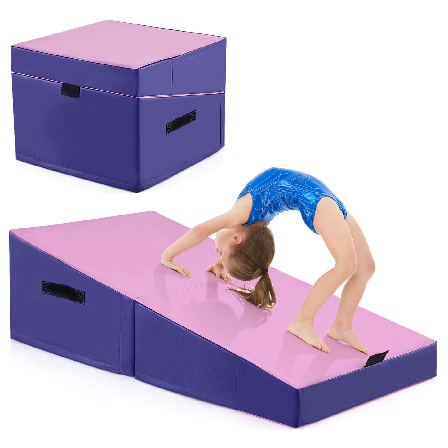 Costway Gymnastics Tumbling Mat Folding Incline Yoga Mat with Non-slip PVC Leather Pink(Pink)