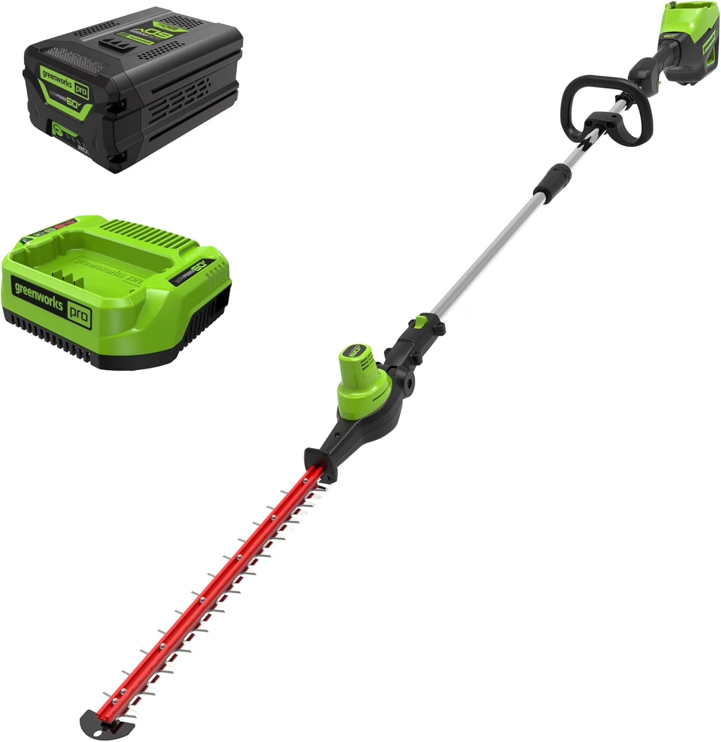 Greenworks 60V 20" Brushless Cordless Battery Powered Pole Hedge Trimmer, 2.0Ah Battery and Charger Included