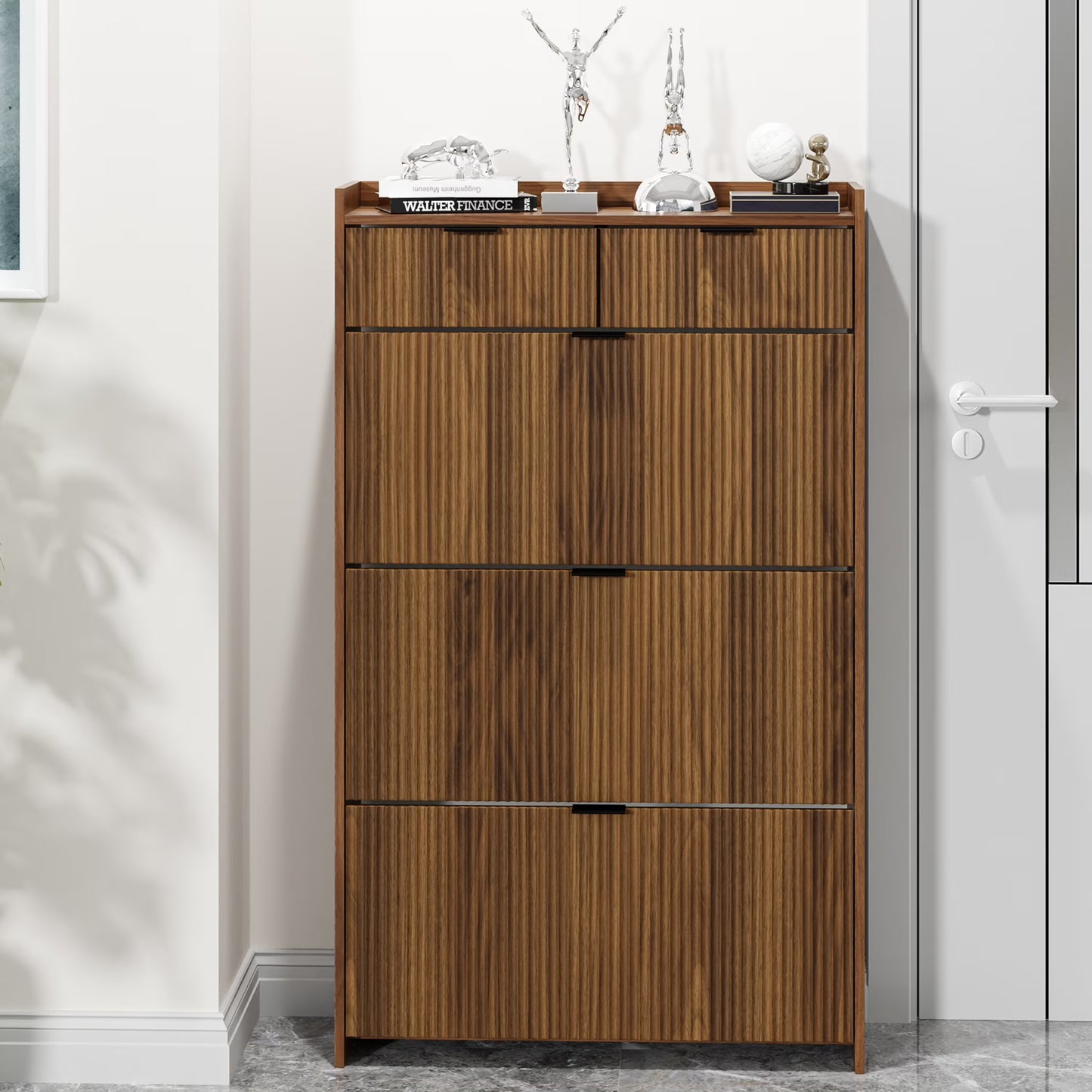 Shoe Cabinet, Free Standing Tipping Bucket Shoe Rack Organizer with 3 Flip Drawers, Modern Entryway Narrow Shoe Rack with 2 Drawers  Top Storage, for Hallway Bedroom, Walnut(Walnut)