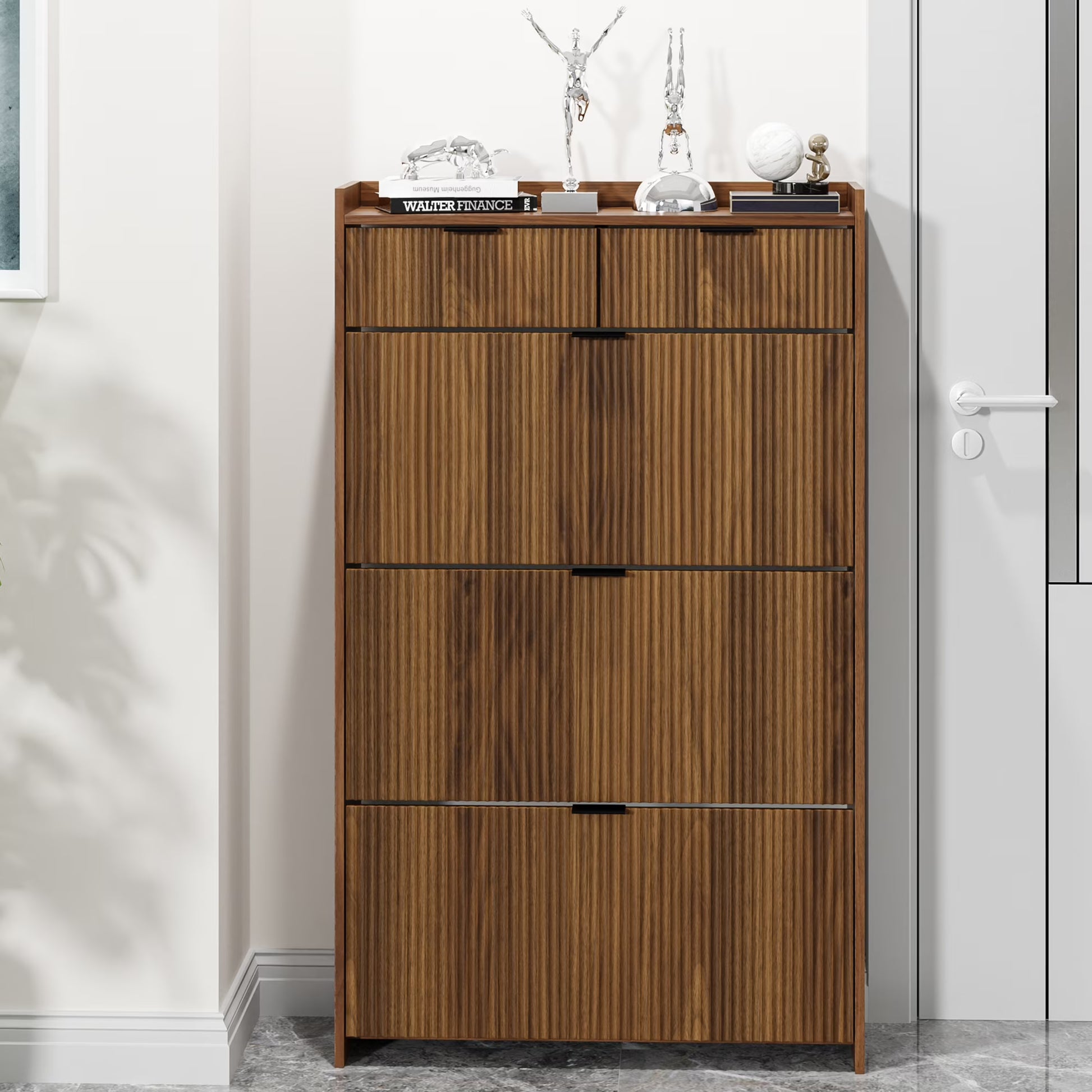 Shoe Cabinet, Free Standing Tipping Bucket Shoe Rack Organizer with 3 Flip Drawers, Modern Entryway Narrow Shoe Rack with 2 Drawers  Top Storage, for Hallway Bedroom, Walnut(Walnut)