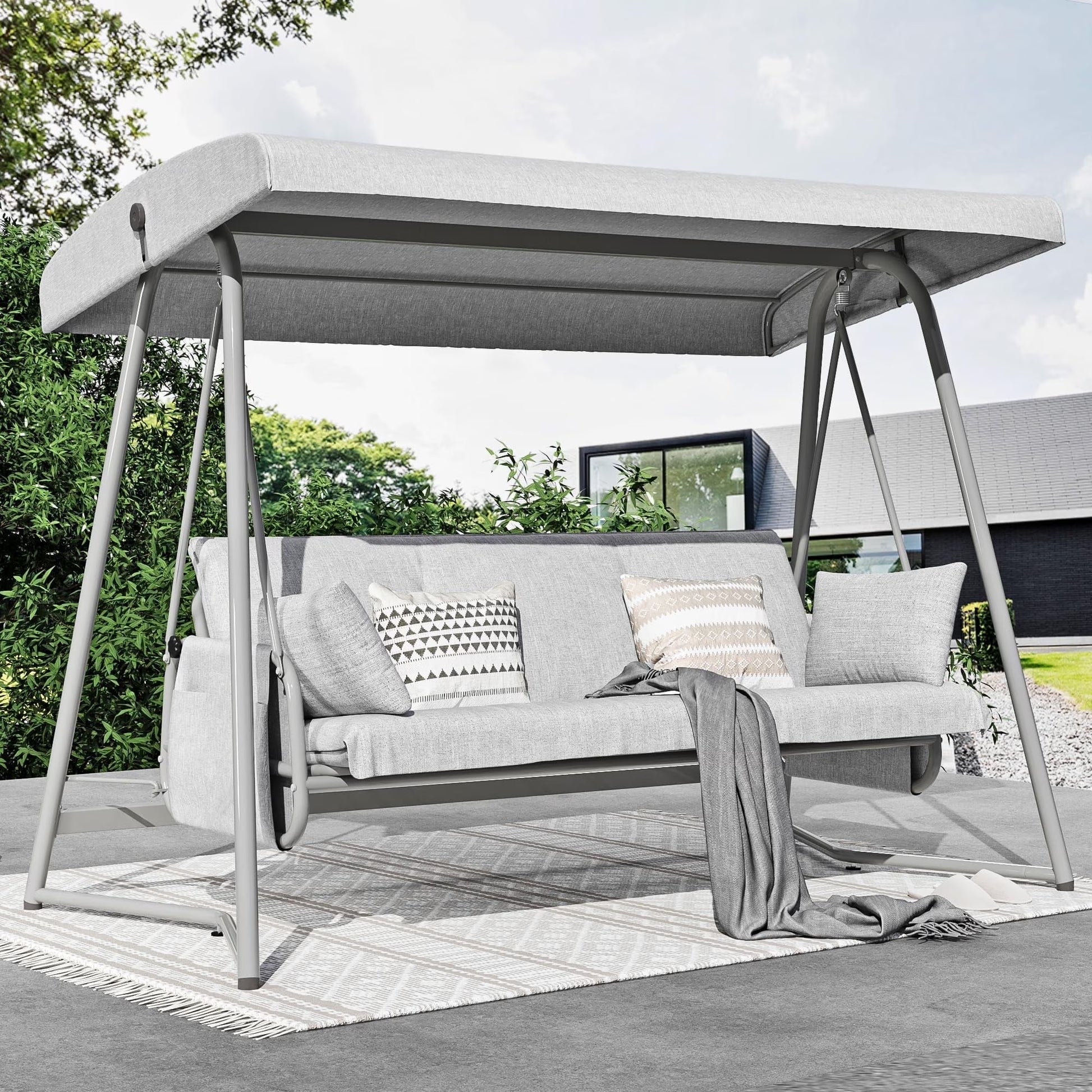 TQKVIPI Oversized 4 Person Outdoor Porch Swing with Adjustable Backrest Canopy,2-in-1 Swing Bed 800 lbs Capacity,Patio Swing with Removable Cushions for Yard Garden Poolside Balcony(Champagne)