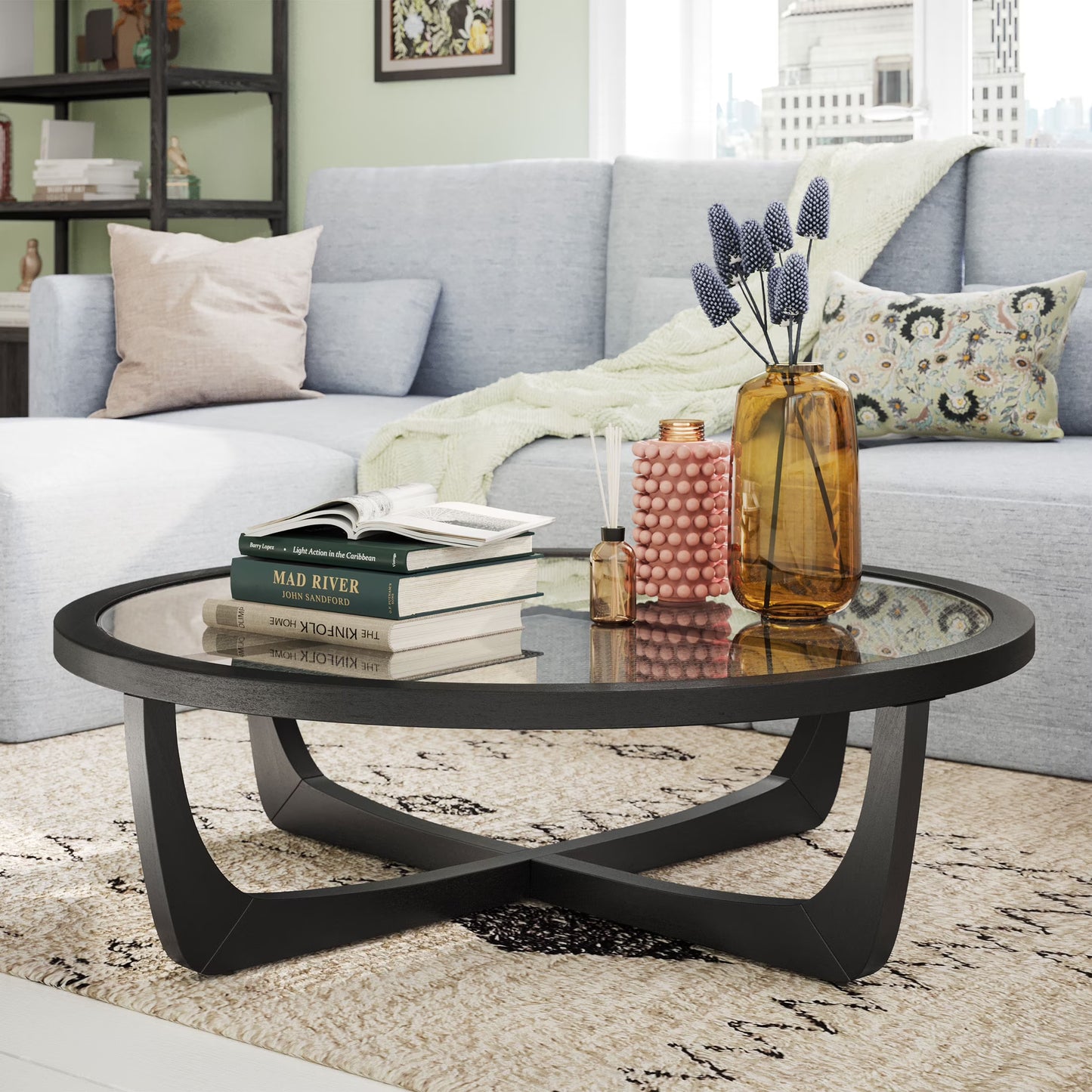 Beautiful by Drew Barrymore Round Rattan and Glass Top Coffee Table, Black(Black)