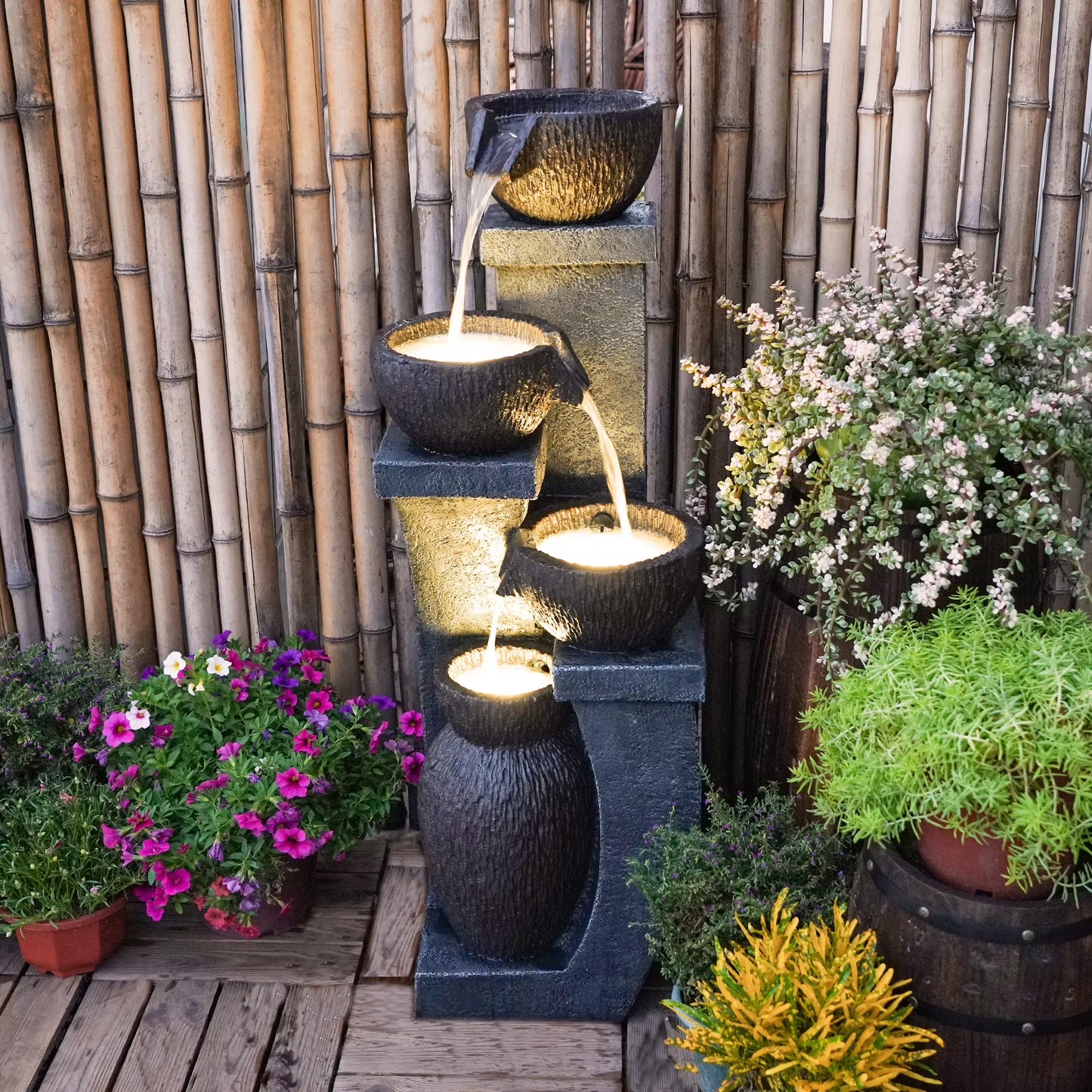37.4��H Outdoor Water Fountain with 4 Crocks, Modern LED Lighted Garden Floor Fountain for Patios and Yards �C Durable Resin Water Feature with Cascading Waterfall Design for Indoor/Outdoor D��cor(1)