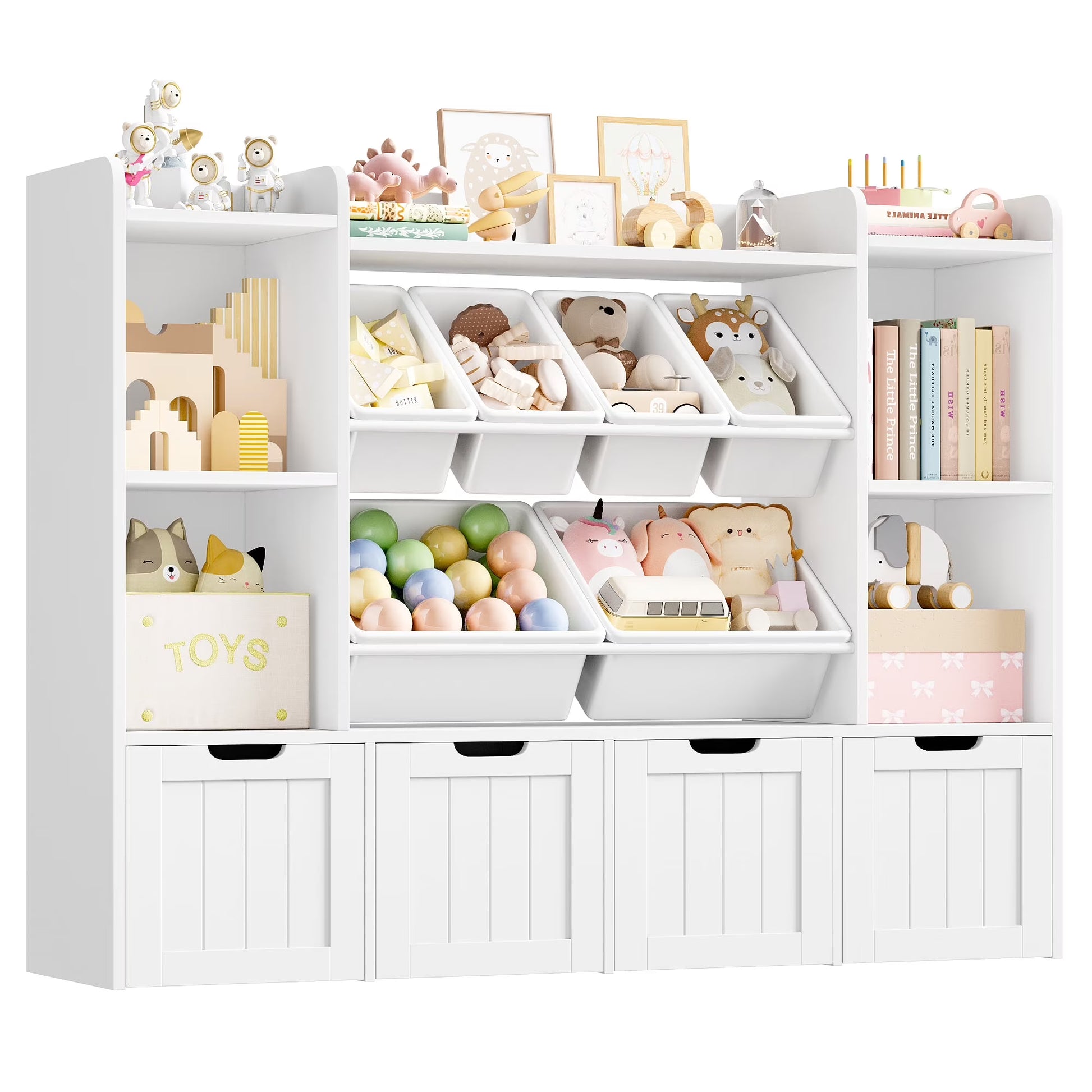 Hiphuta 3 Tier Kids Bookcase with Toy Storage Organizer, Wood Toy Organizer of 6 Boxes  4 Removable Drawers, White(White)