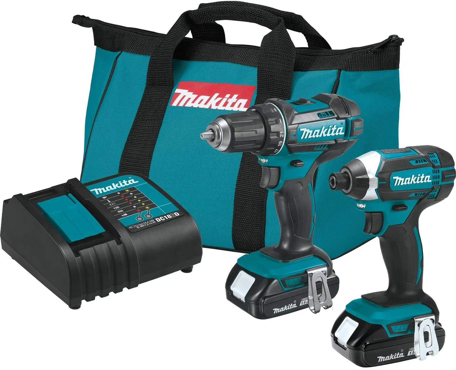 Makita 18V Lithium-Ion Cordless Power Tool Set, 1.5Ah, 2 Pack