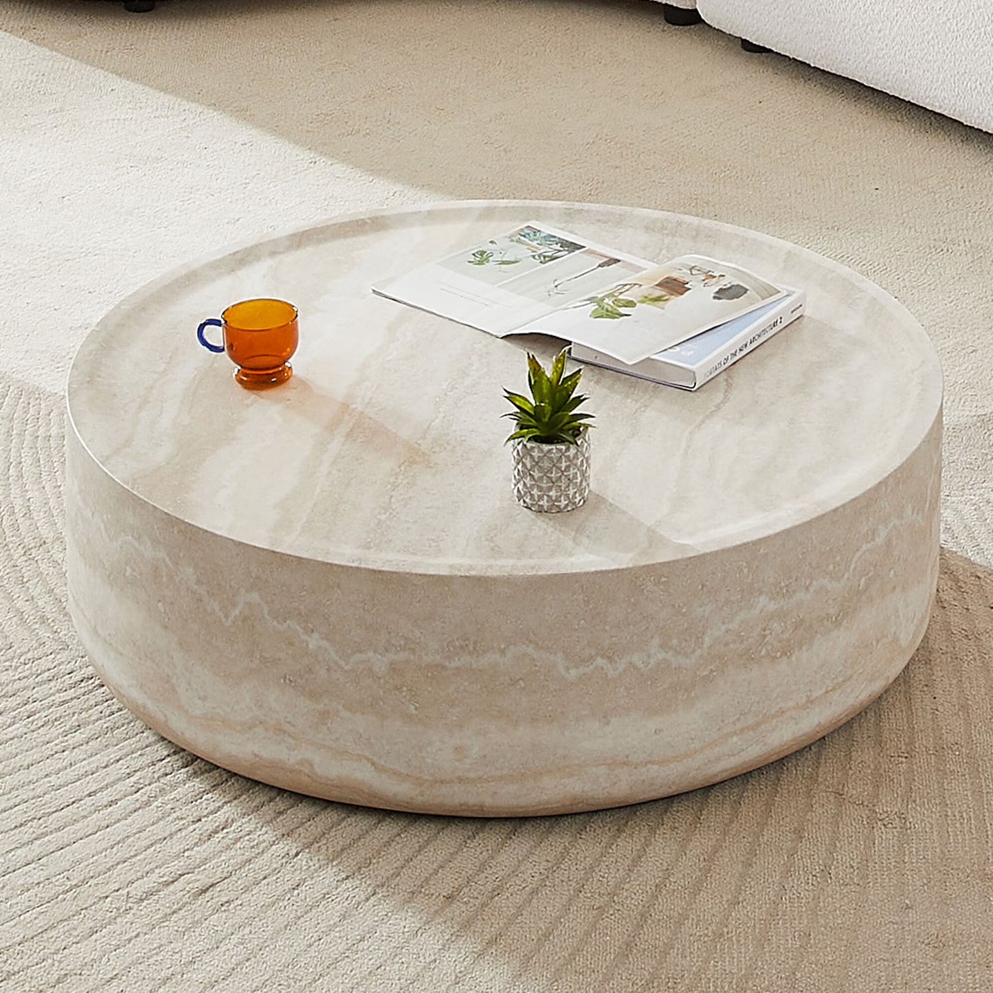 31.49'' Round Coffee Table with Marble Texture, Modern Low Drum Circle Fiberglass Coffee Table, Side Table Accent Table for Living Room, Outdoor, No Need Assembly, Marble(31.49'/Marble)