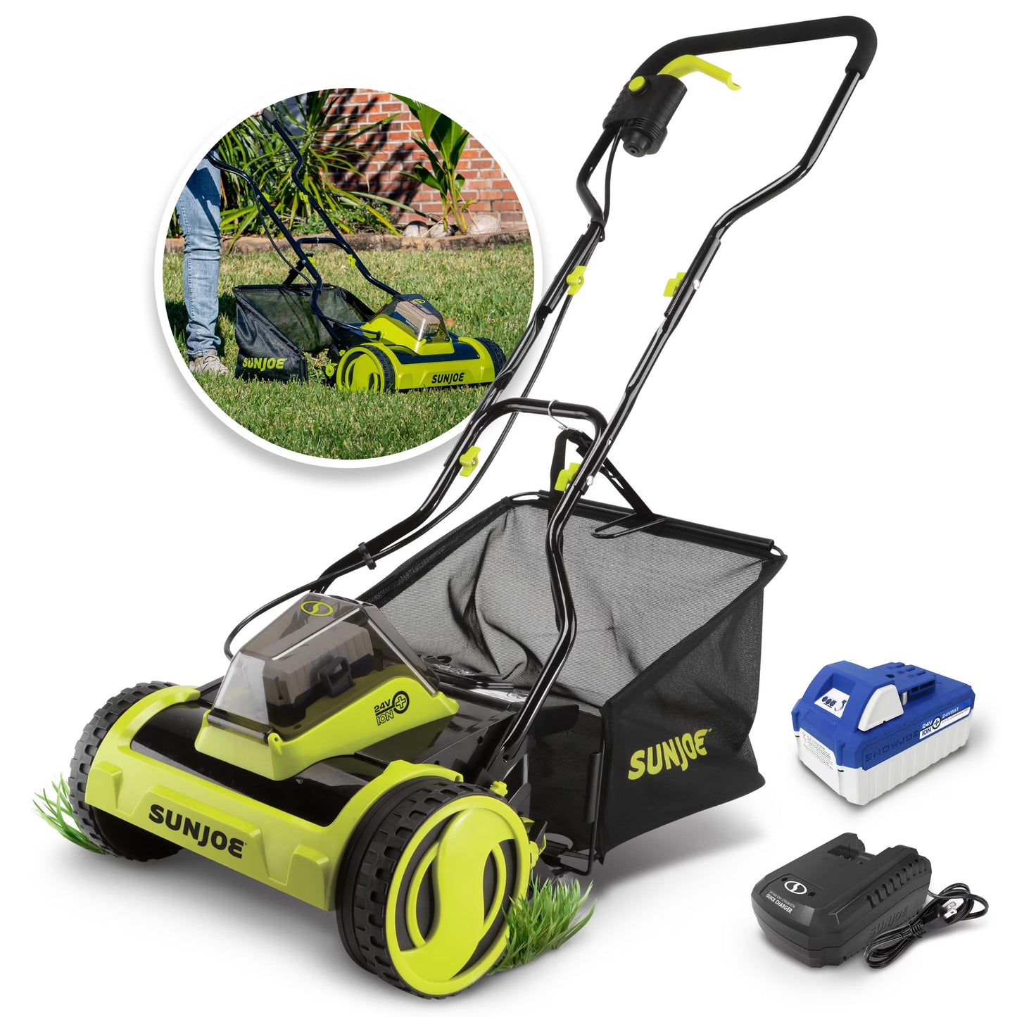 Sun Joe 24V Cordless 15-inch Push Reel Lawn Mower, 4-Position, 4.0-Ah Battery  Charger(4 Amps)