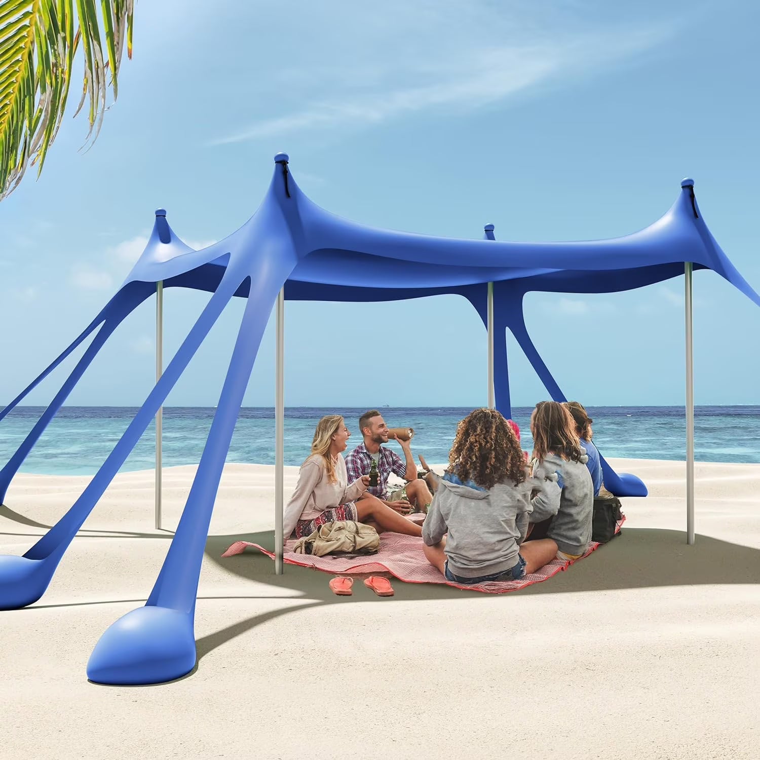 Beach Tent Canopy with 8 Sandbags 4 Aluminum Poles, Pop Up Portable Camping Sun Shelter, Easy Set Up with 2 Sand Shovel, Ground Pegs, Carrying Bag for Outdoor Beach,Picnic, Fishing(Navy)