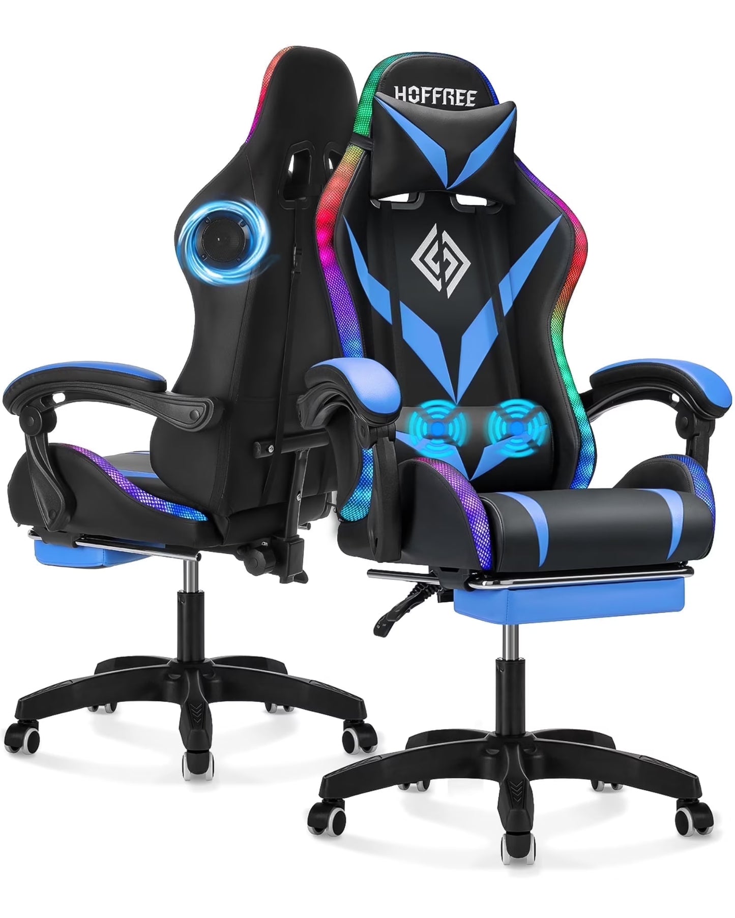 Hoffree Gaming Chair with Speakers PU Leather Office Chair with Footrest and LED Lights Ergonomic Gamer Chair with Massage Lumbar Support and Headrest Adjustable Swivel for Home Office 300lb(Black+Blue)
