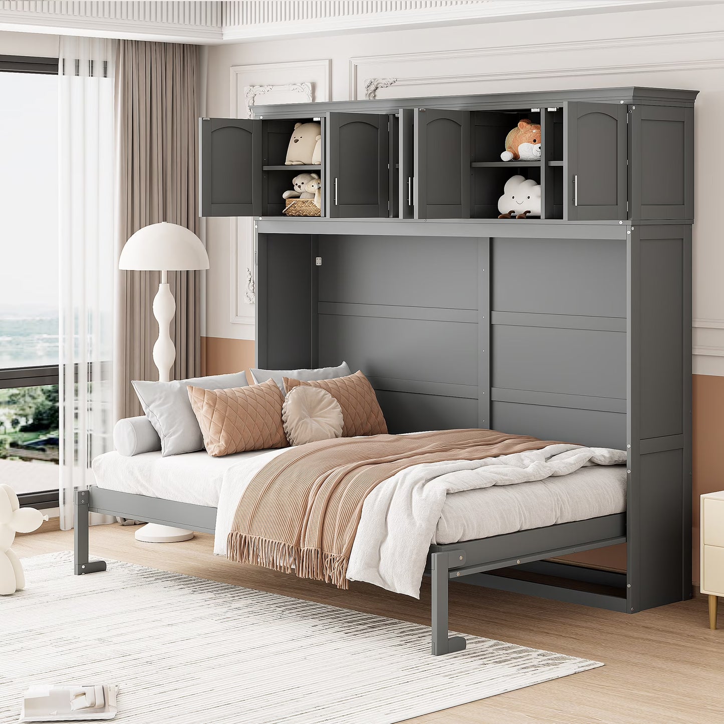 Newest Queen Size Murphy Bed Wall Bed with Top Cabinets,Gray(Gray)