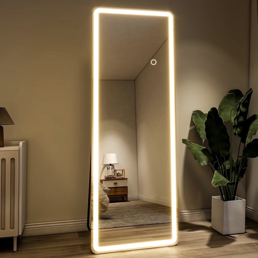 BEAUTYPEAK 64" x 21" LED Rectangular Full Length Mirror Standing Floor Mirror with Safe Corners,White(Rectangle/64" x 21")