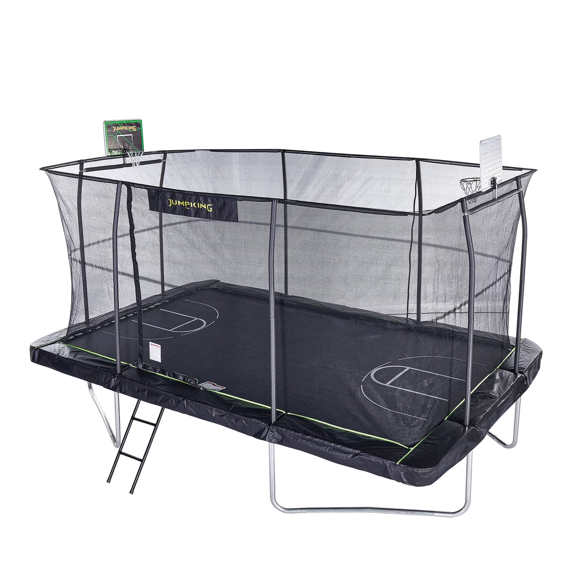 JumpKing 10'x15' Rectangle Trampoline with 2 Powder Coated Basketball Hoops  Breakaway Rim and Ladder- Large Recreational Trampoline for Kids and Adults with Enclosure Net