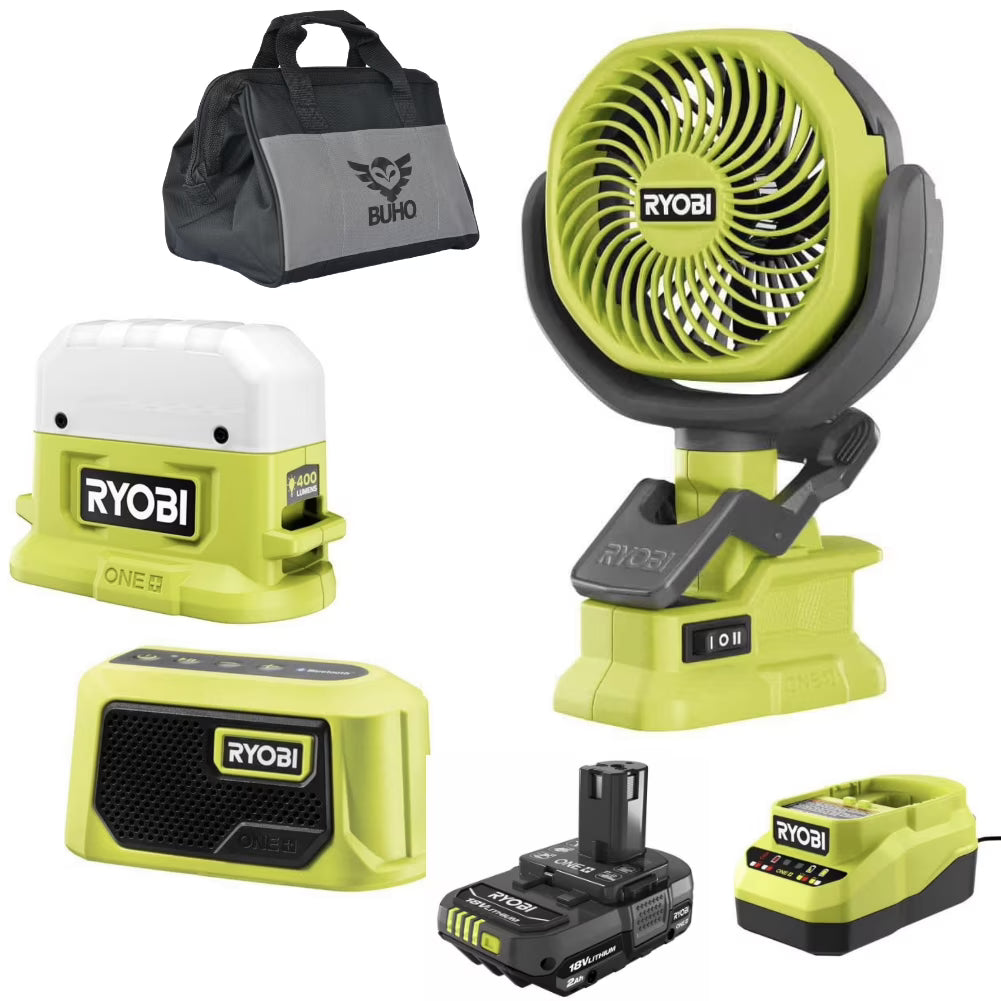 Ryobi 3-Tool Camping Kit Bundle with Compact Area Light, Bluetooth Speaker, 4 inch Clamp Fan, 18-Volt 1.5 Ah Lithium-ion Battery, Charger and 16 inch Buho Tool Bag
