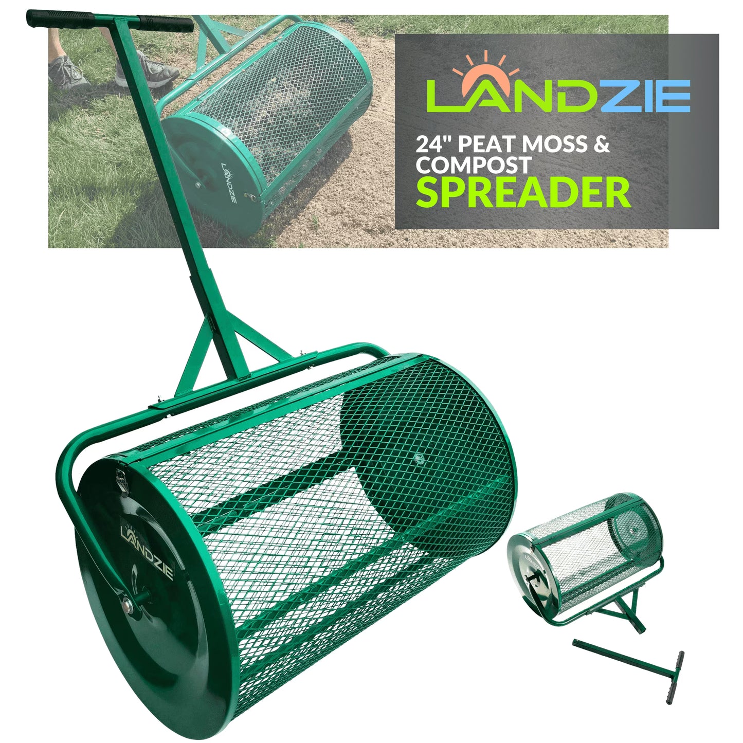 Landzie Compost Spreader 24 Inch Walk-Behind Lawn  Garden Spreader with Metal Mesh Basket(24-inch)