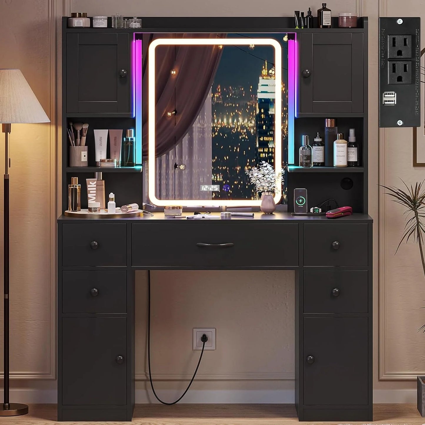Tiptiper Large Vanity Desk with Lighted Mirror, 5 Drawers Makeup Vanity with Charging Station and Smart Mirror, Time Temperature Display, White(Black)