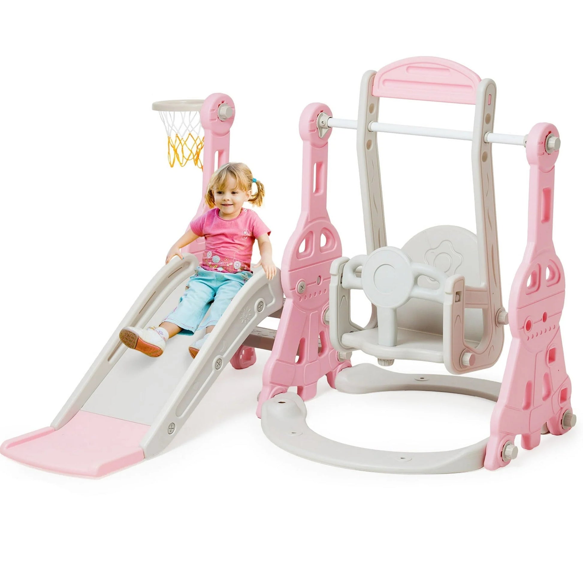 Ealing   4 in 1  Slide and Swing Set for Toddler  Indoor and Outdoor Baby Slide Climber Playset  with Basketball Hoop   Backyard Playground Swing Slide for Boys and Girl Slide length: 11.02' L Pink
