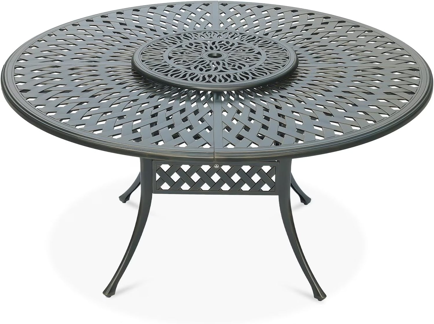 VIVIJASON Outdoor 61" Patio Dining Table for 6-8 Person, Large Patio Round Dining Table with 24" Lazy Susan, Dark Bronze Cast Aluminum Rustic Patio Table W/Umbrella Hole for Balcony, Porch and Deck(24" Lazy Susan (Elizabeth Style))