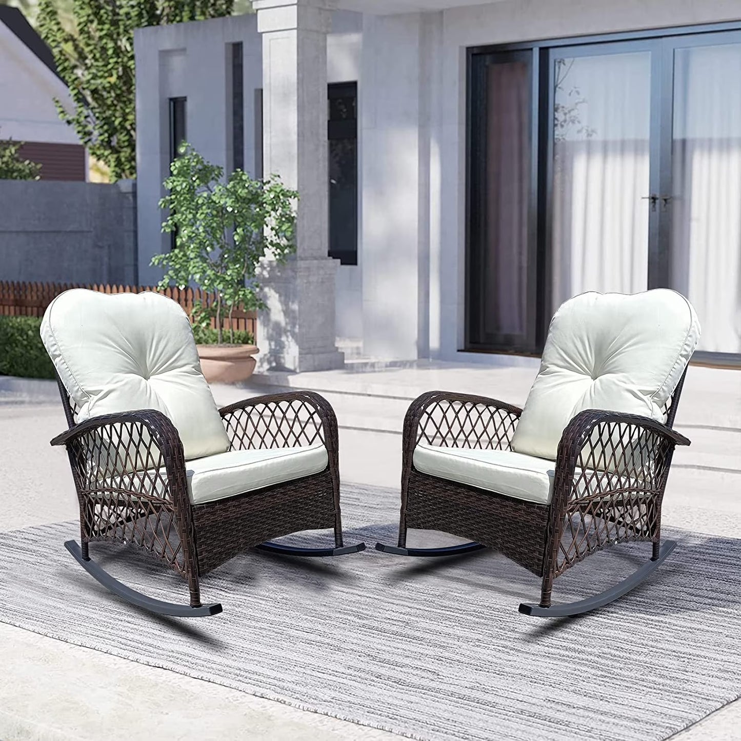 Furniture One 2 Piece Outdoor Wicker Rocking Chair, Patio Rattan Rocker Chair with Cushions  Steel Frame, All-Weather Rocking Lawn Wicker Furniture for Garden Backyard Porch(2 Seat)