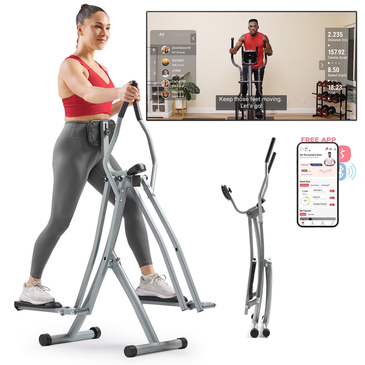 Sunny Health  Fitness Manual Air Walker Elliptical – 30″ Stride, Low Impact, Lightweight, Quiet with Free SunnyFit App(Smart)
