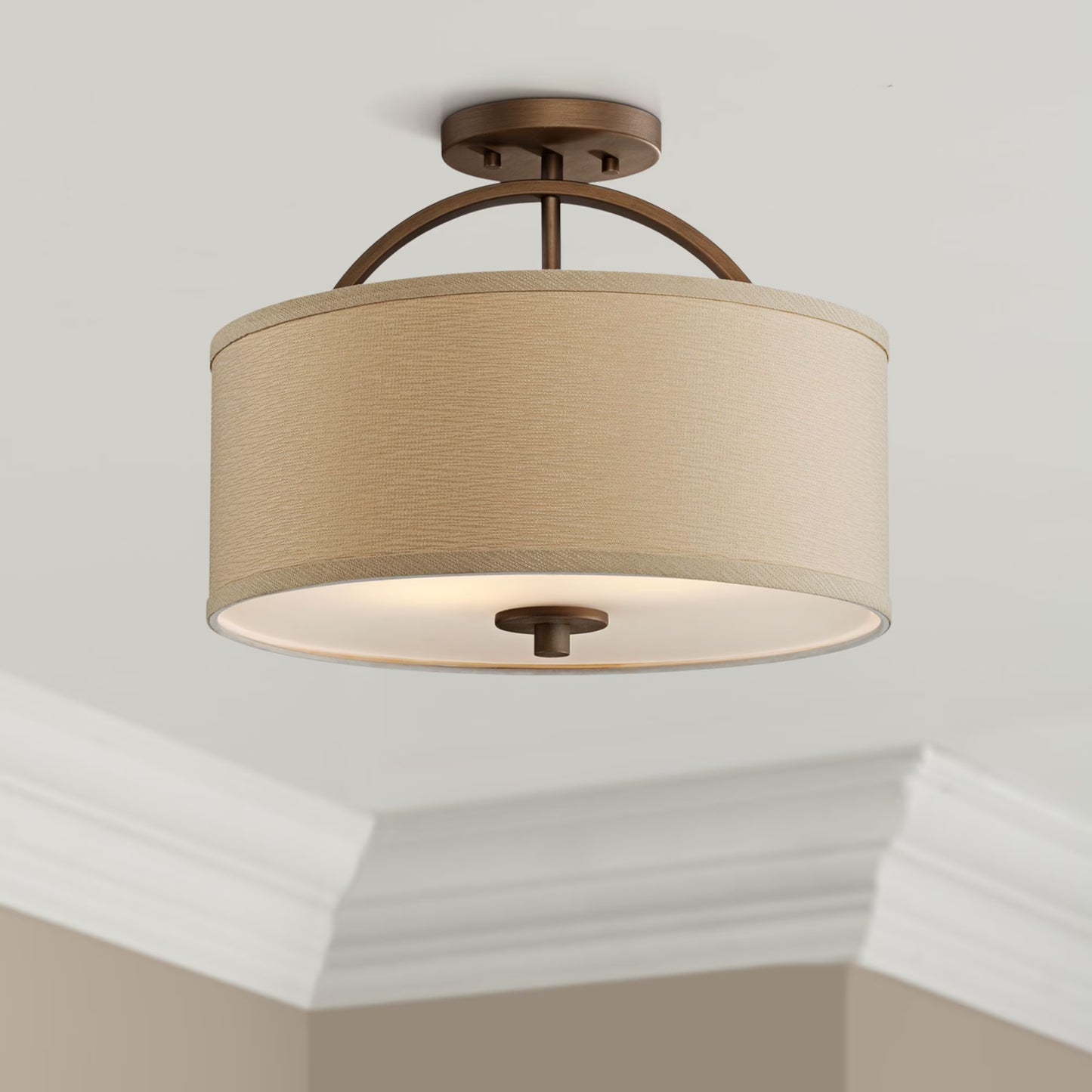 Possini Euro Design Halsted Modern Ceiling Light Semi Flush Mount Fixture 15" Wide Brushed Bronze 2-Light Oatmeal Linen Drum for Bedroom Living Room
