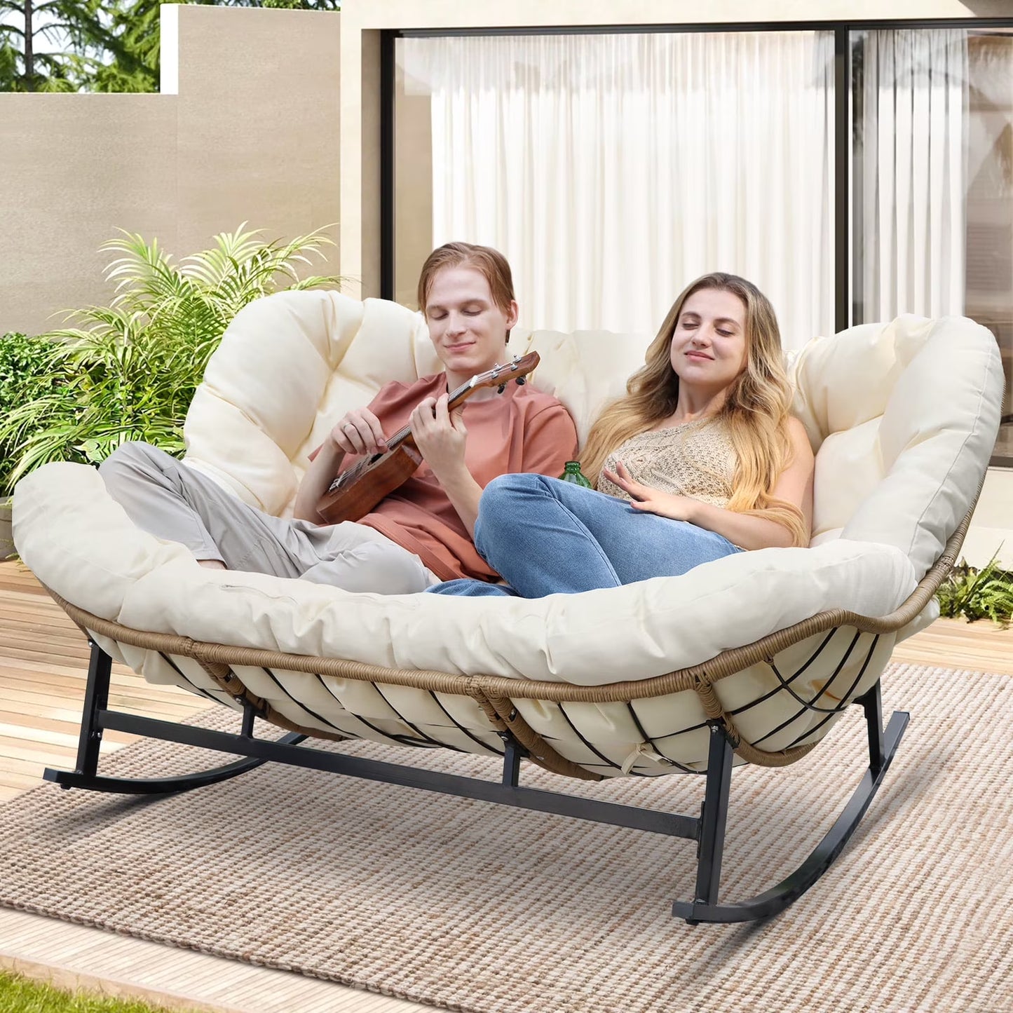 RADIATA Beige Double Outdoor Rocking Chair, 2 Person Patio Rocking Egg Chair with Thick Cushion(Beige/Single)