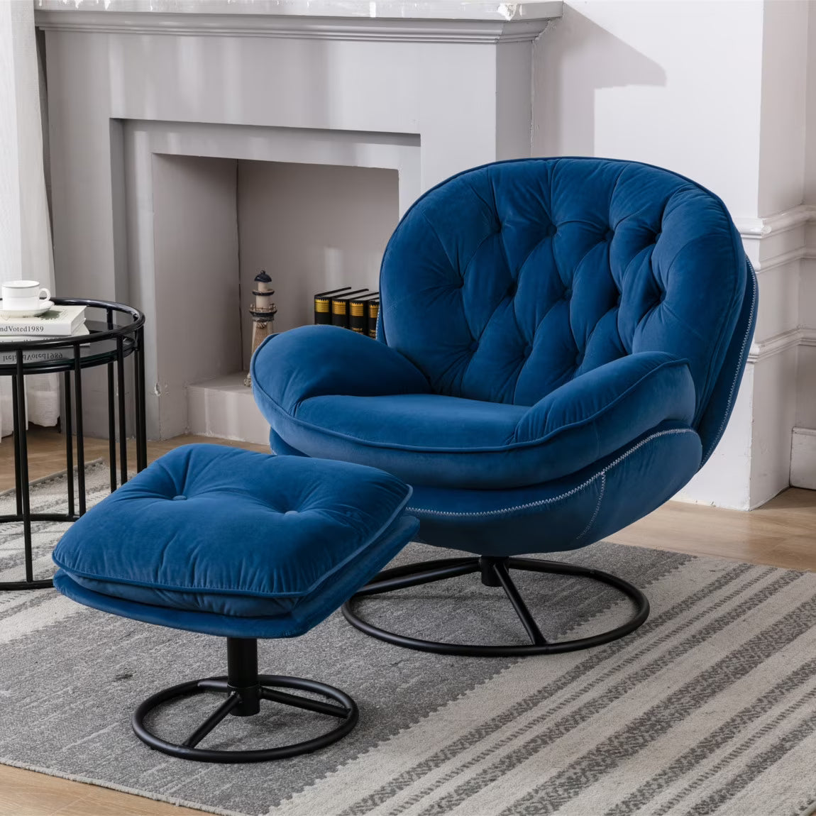 Velvet Swivel Accent Chair with Ottoman, Modern Chaise Lounge Chair with Metal Frame and Footstool, Comfy Armchair Reading Chair for Living Room Bedroom Office,Blue(Blue)