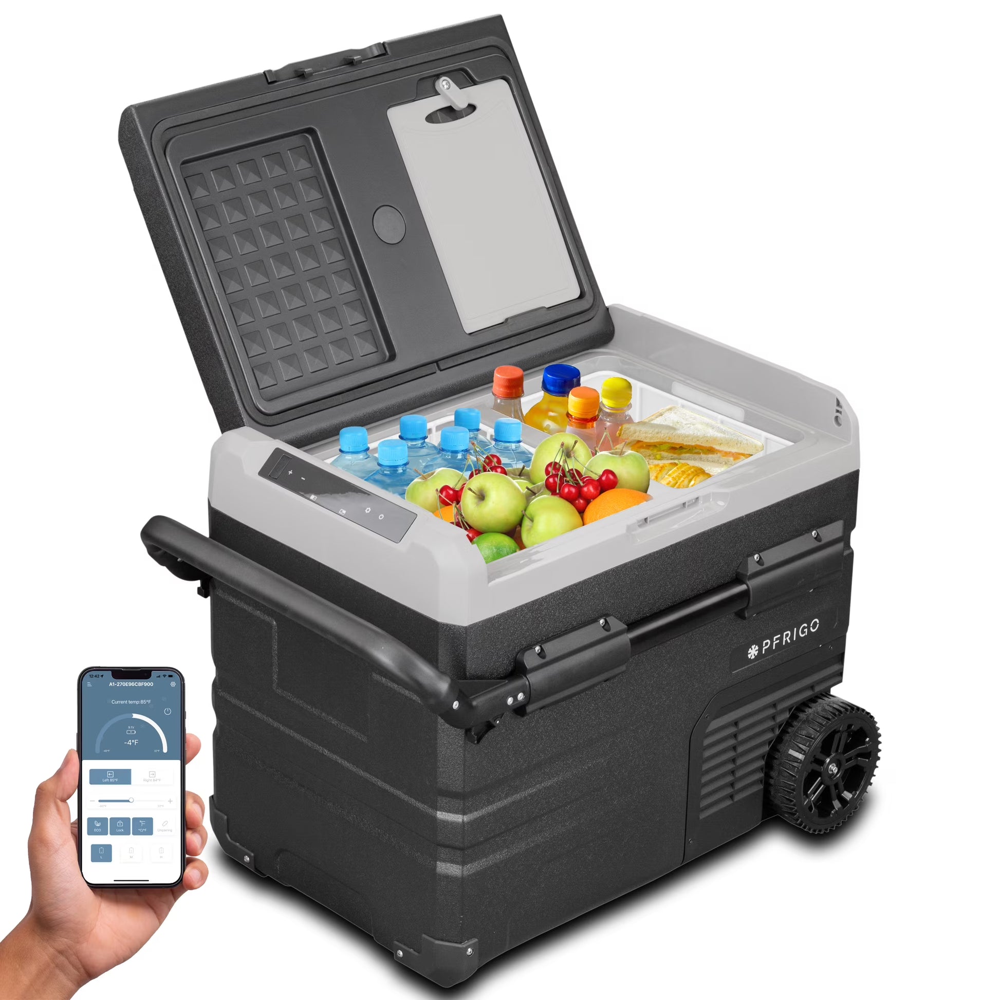 PFRIGO 48 Qt Portable 12v Rolling Cooler with LED Touch Panel, Black(45 Liters (48 Quart))