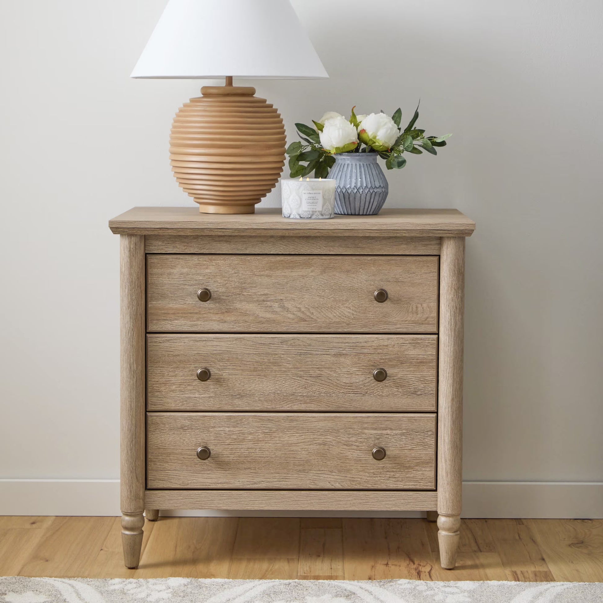 My Texas House Monroe 3 Drawer Nightstand with USB, Brushed Oak Finish(Single)
