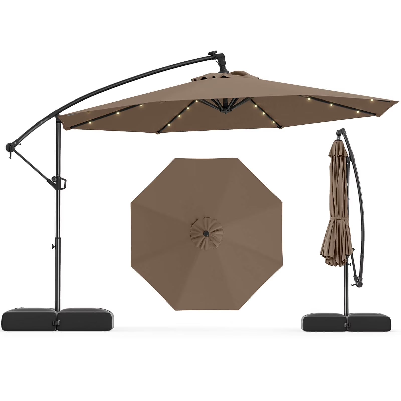 Costway 10 FT Solar Offset Hanging Umbrella Patio Cantilever Umbrella with 32 LED Lights Brown(Brown)