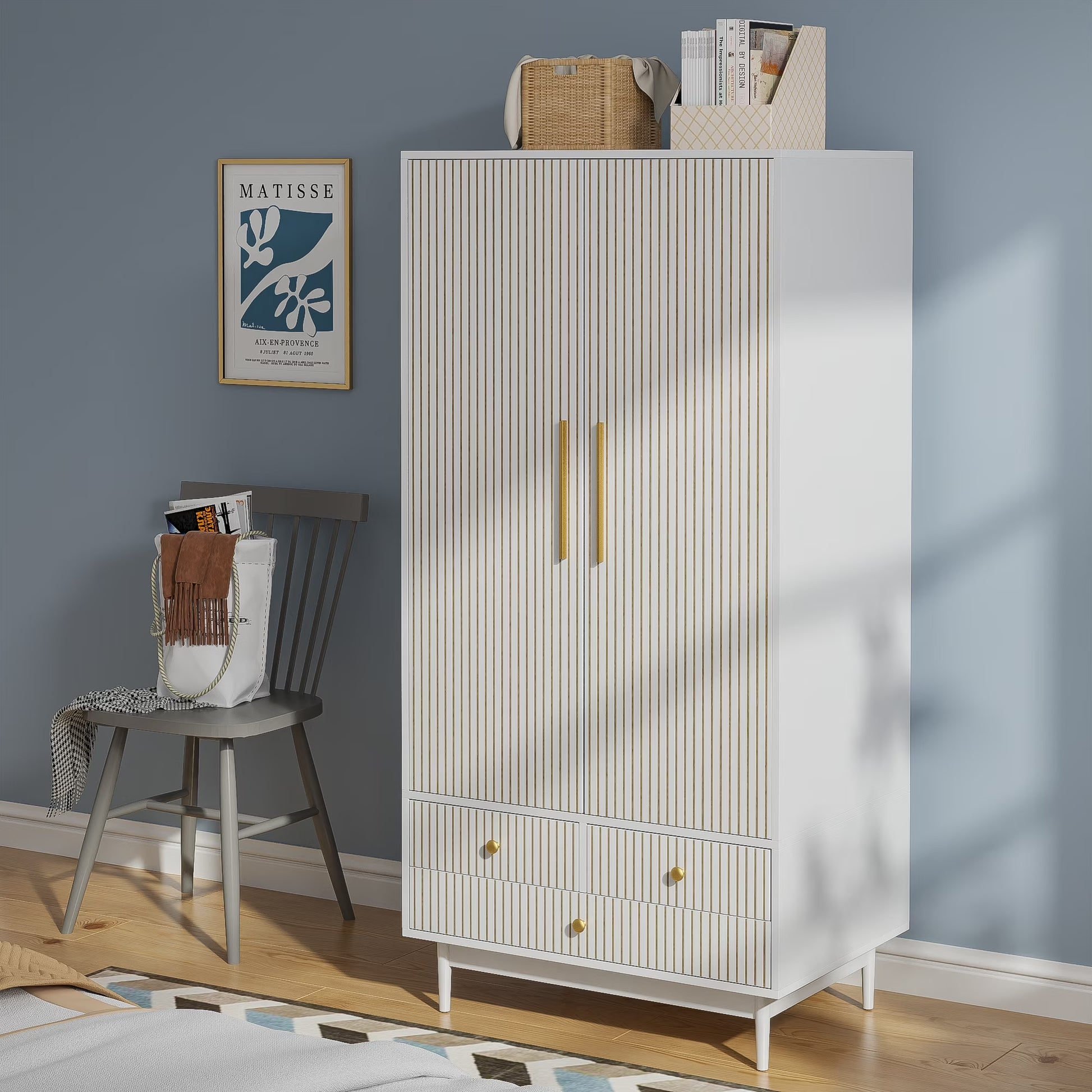 Armoire Wardrobe Closet, Closet Wardrobe Cabinet with Drawers and Hanging Rail for Bedroom, White(White)