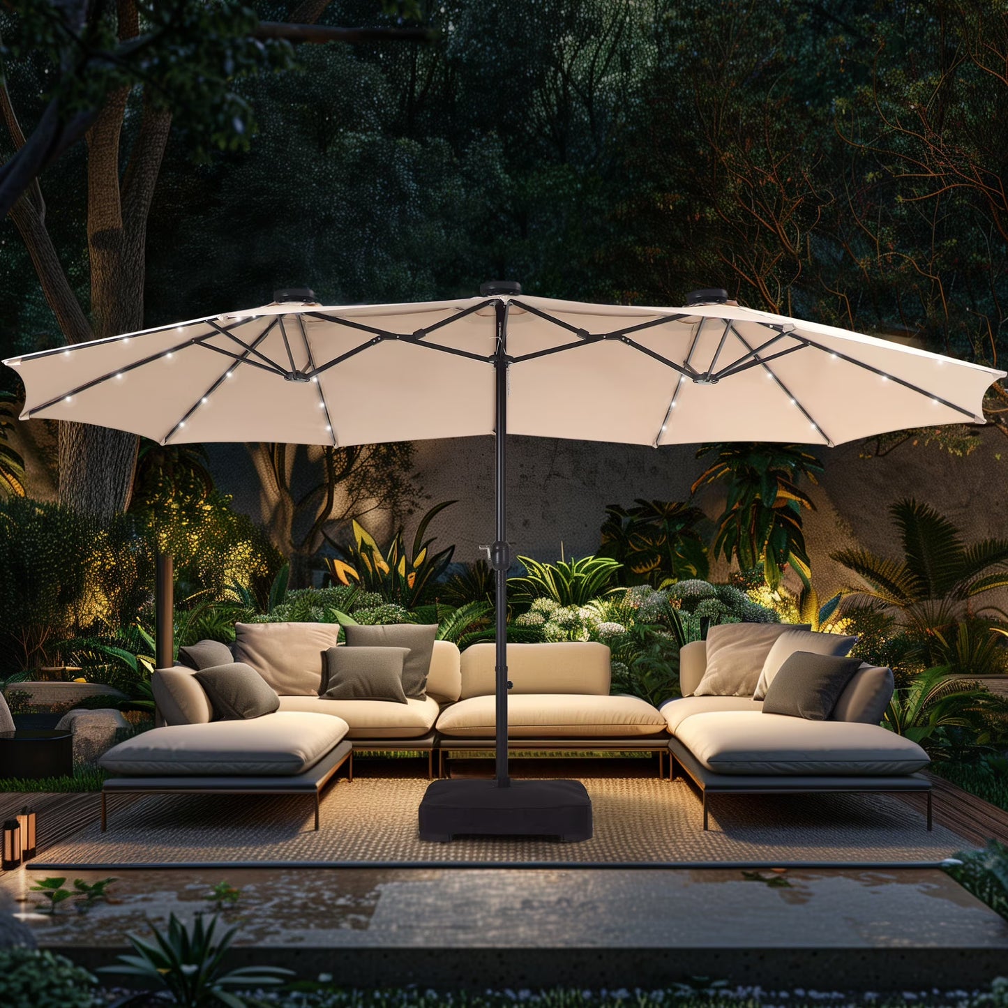 Alpha Joy 15ft Extra Large Outdoor Patio Double-Sided Umbrella with LED Solar Lights  Umbrella Base, Beige(Beige)