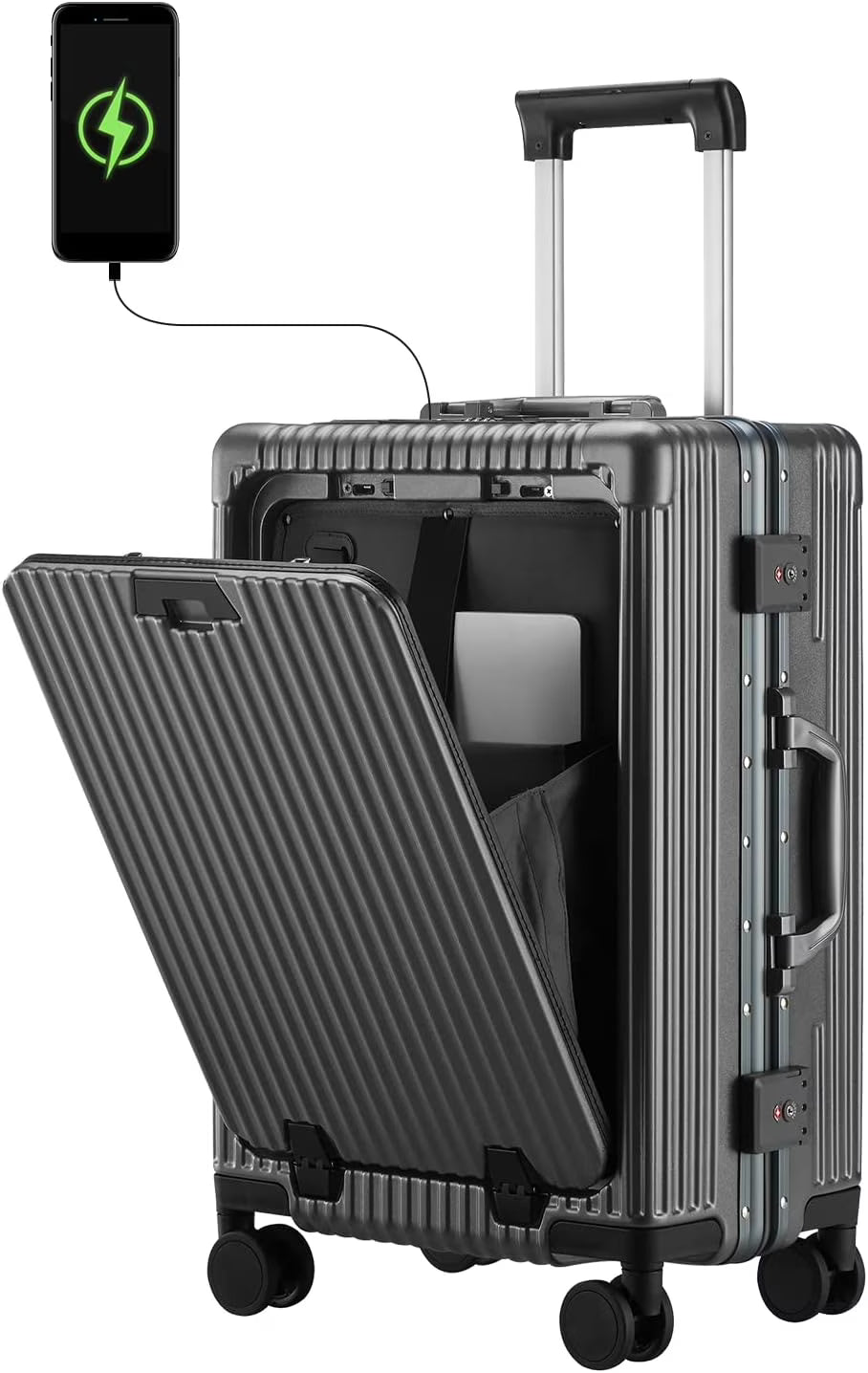 Carry-On Luggage with USB Charging Port, Front Compartment, TSA Lock, Airline Approved Carry On Hardside Suitcase with Spinner Wheels (Grey, 20inch)(Grey)