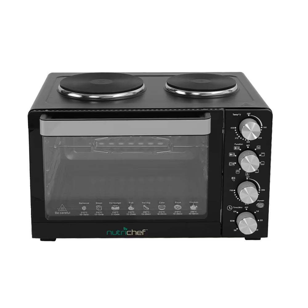NutriChef 30 Quart Kitchen Convection Oven  2 Burner Cooker - 1500 Watt Oven - 7 Cook Functions Rotisserie, Cook, Bake, Broil  More - Includes Baking Tray, Skewers  Handles - 19.6 x 16.0 x 13.5 IN
