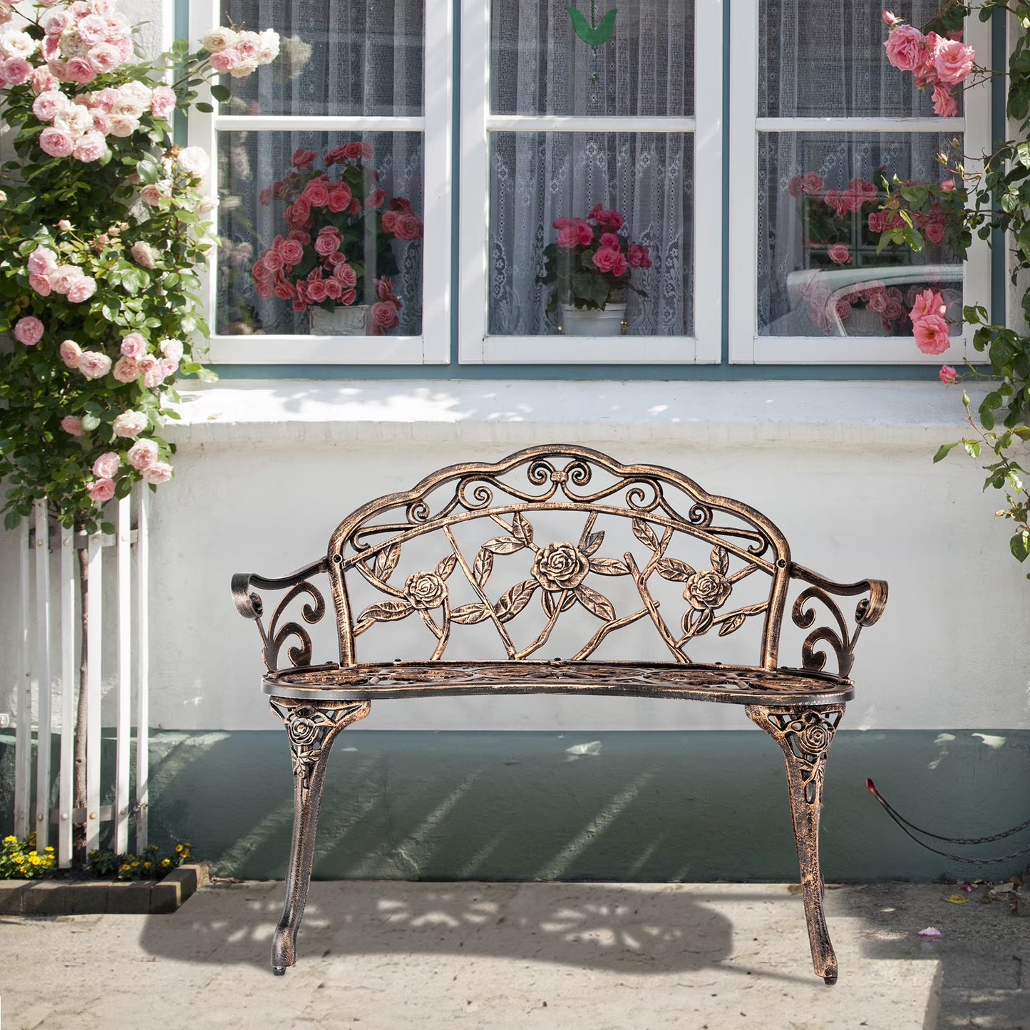 Ktaxon Outdoor Patio Park Garden Bench Courtyard Leisure Rose Cast Aluminum, Outdoor Loveset, Bronze(Bronze)