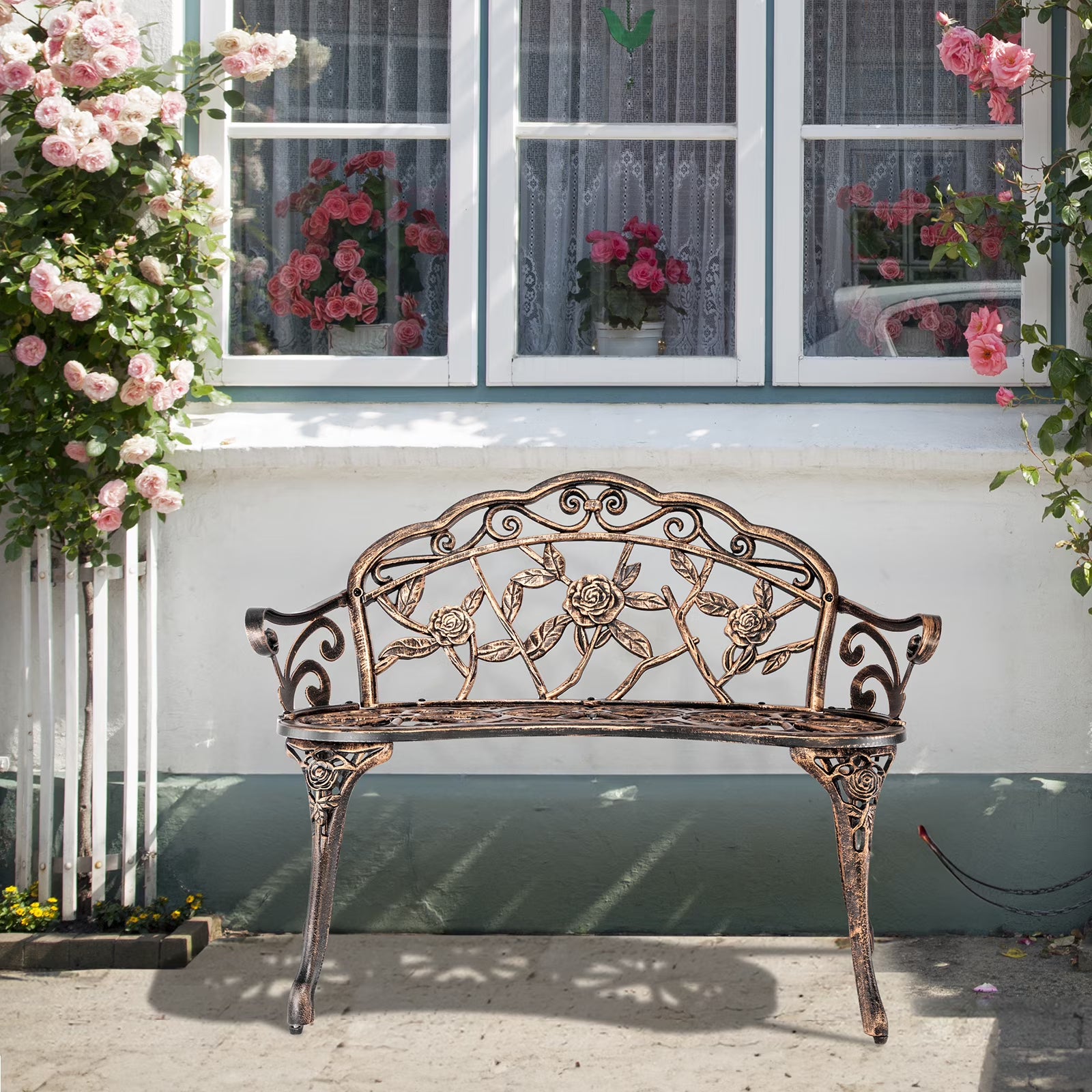 Ktaxon Outdoor Patio Park Garden Bench Courtyard Leisure Rose Cast Aluminum, Outdoor Loveset, Bronze(Bronze)
