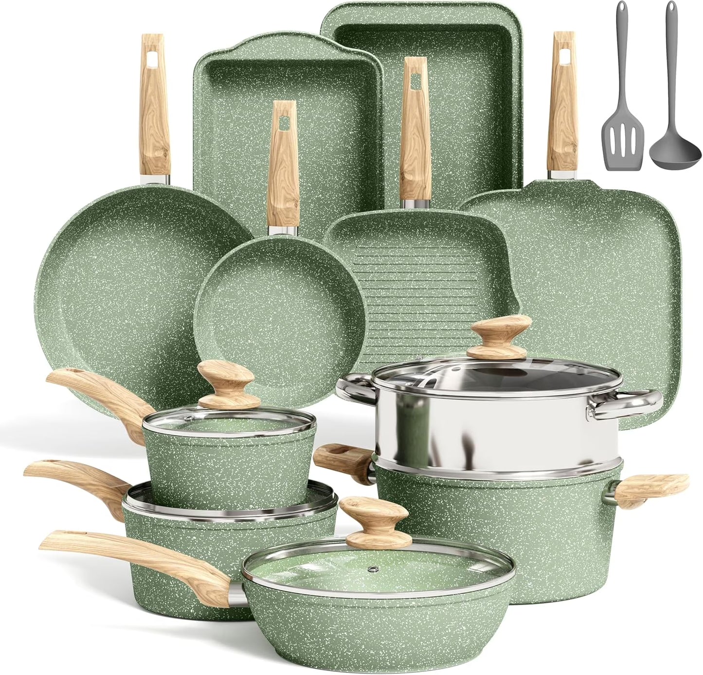 Kitchen Academy 17 Pieces Induction Cookware Set with Griddle, Green Granite Pots and Pans Set Non Stick, Healthy Nonstick Cooking Pans Set(17 PCS Cookware Set/Green)