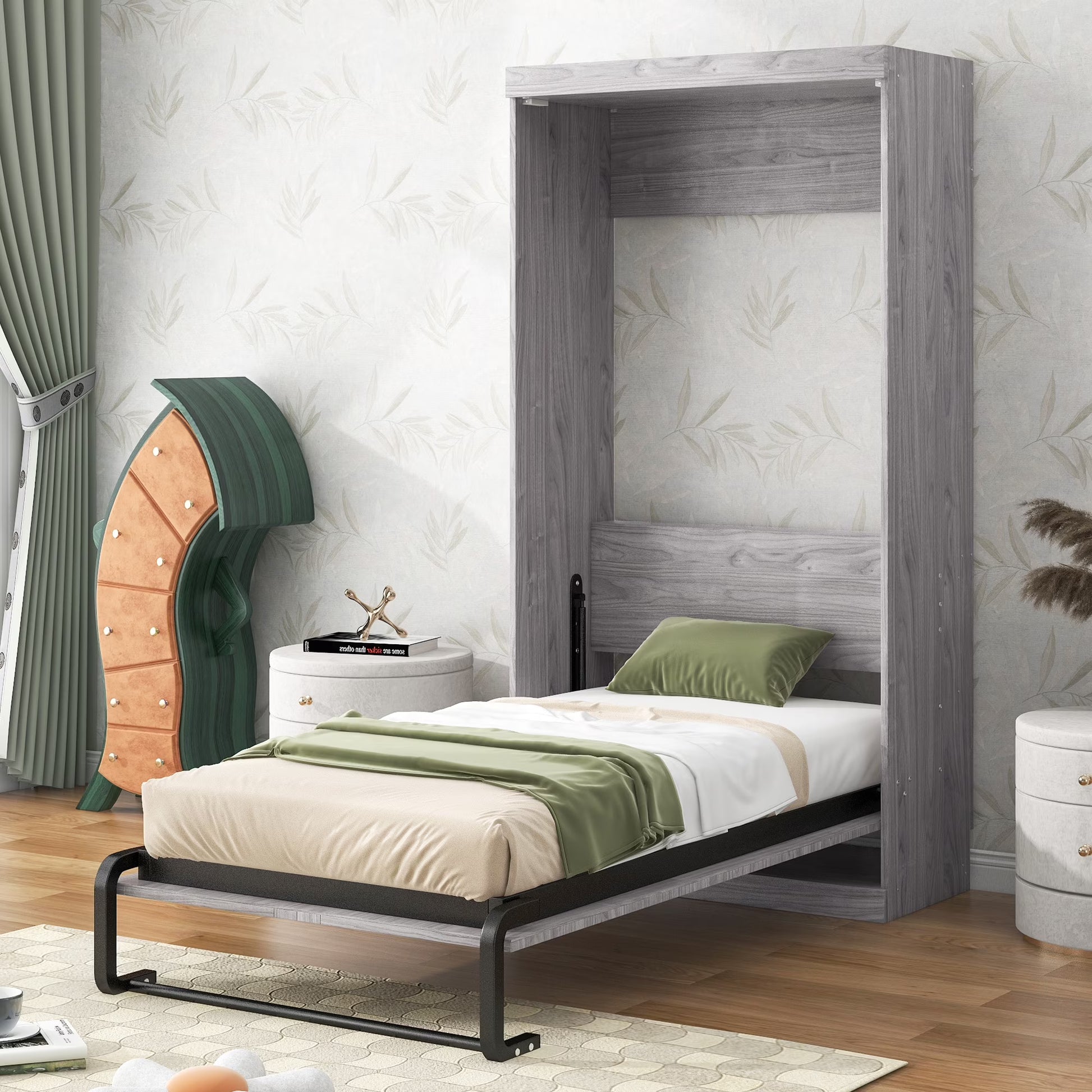 Euroco Pine Wood Twin Size Murphy Bed, Convertible Wall Bed into A Cabinet, Gray(Twin/Cabinet)