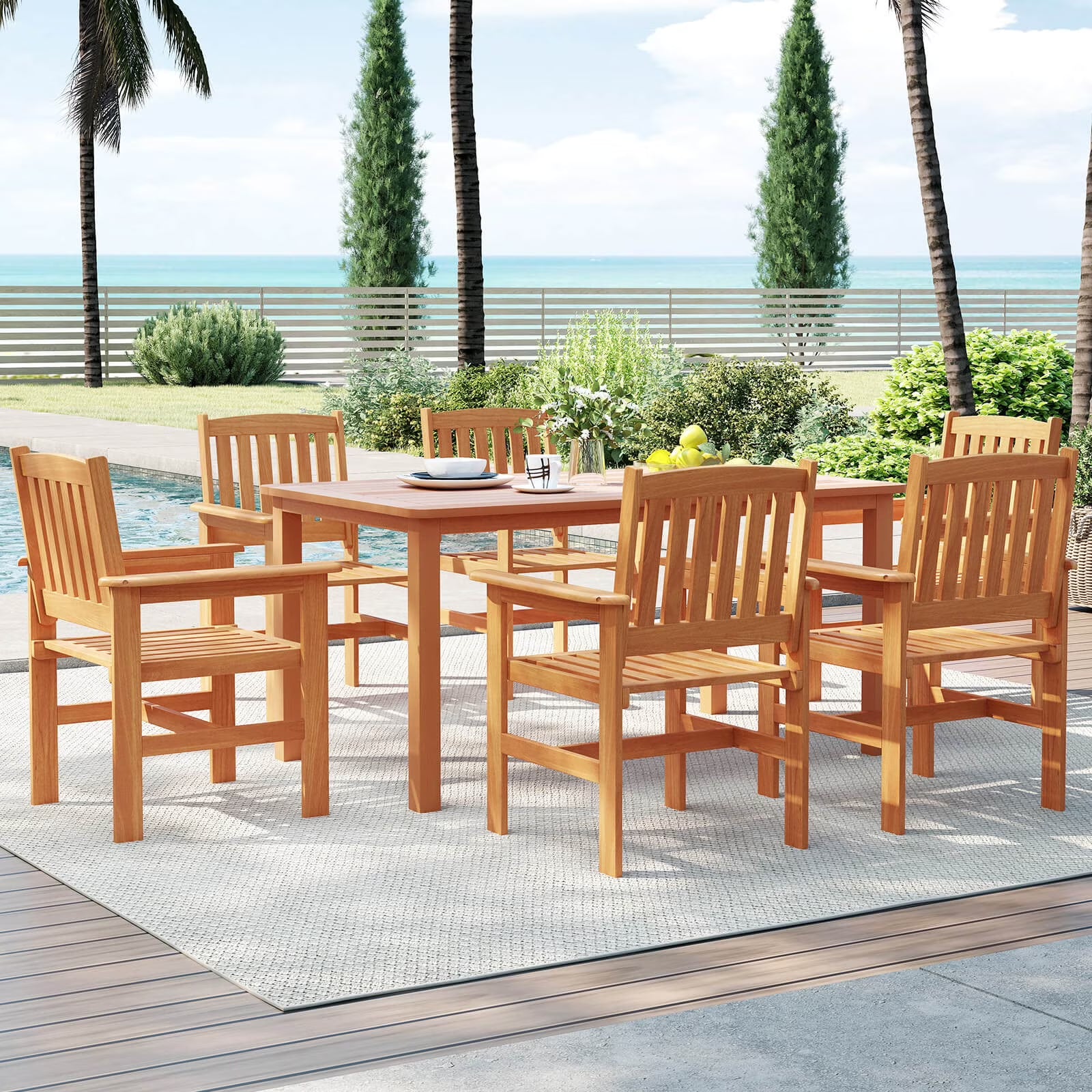 Costway 7 PCS Patio Wood Dining Table Set with 2�� Umbrella Hole Outside Furniture Set