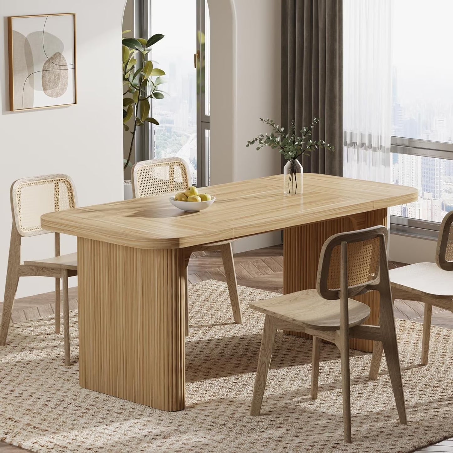 Tribesigns Farmhouse Dining Table for 4-6, Rectangular Wood Kitchen Table with Double Pedestal, 62-Inch Dinner Table for Dining Room, Living Room (Natural)(Brown)